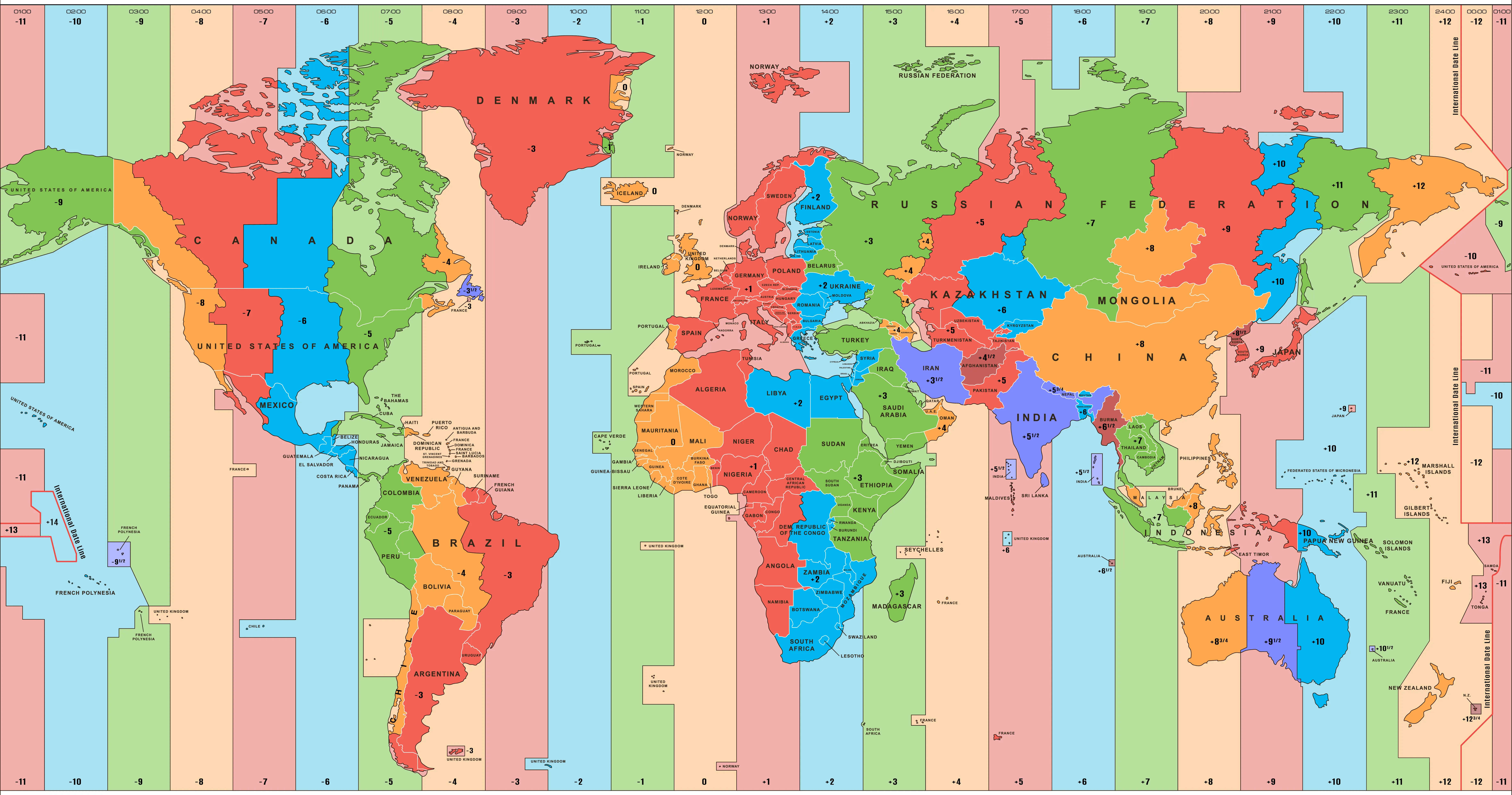 World time zones map with Asian countries