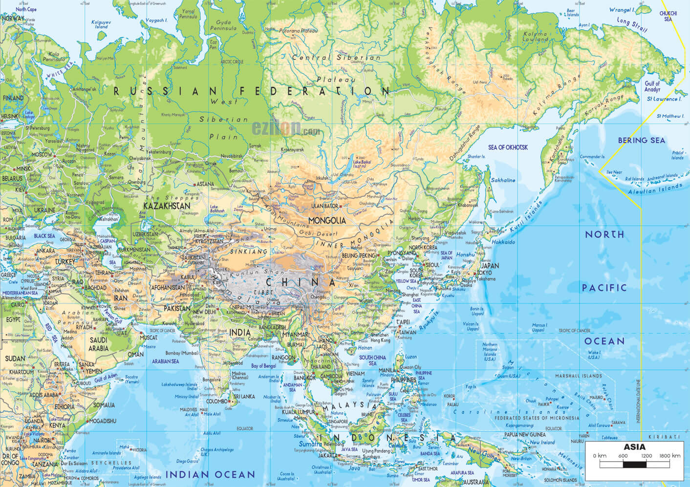 Asia topography and physical map