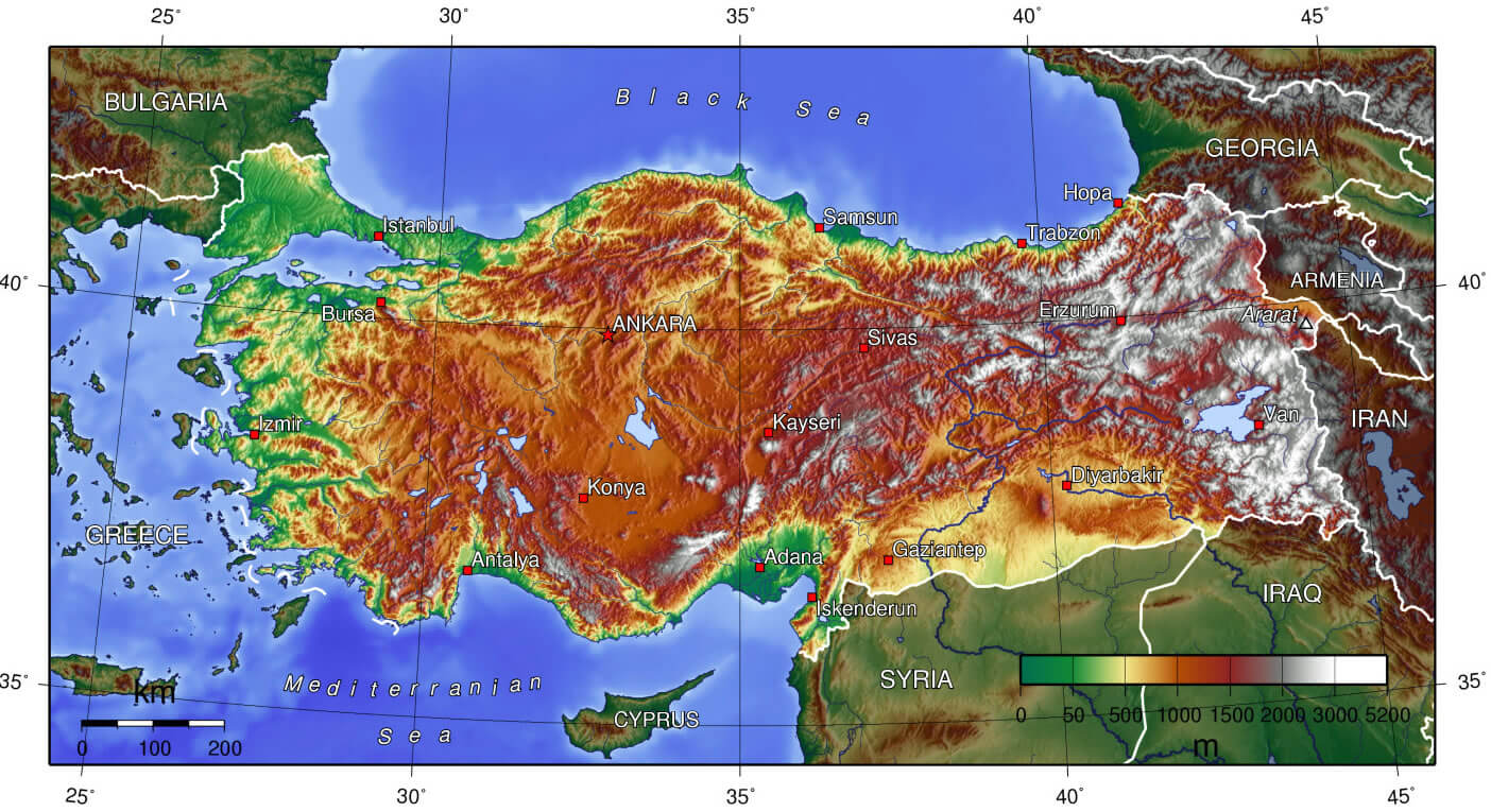 Detailed topographical map of turkey
