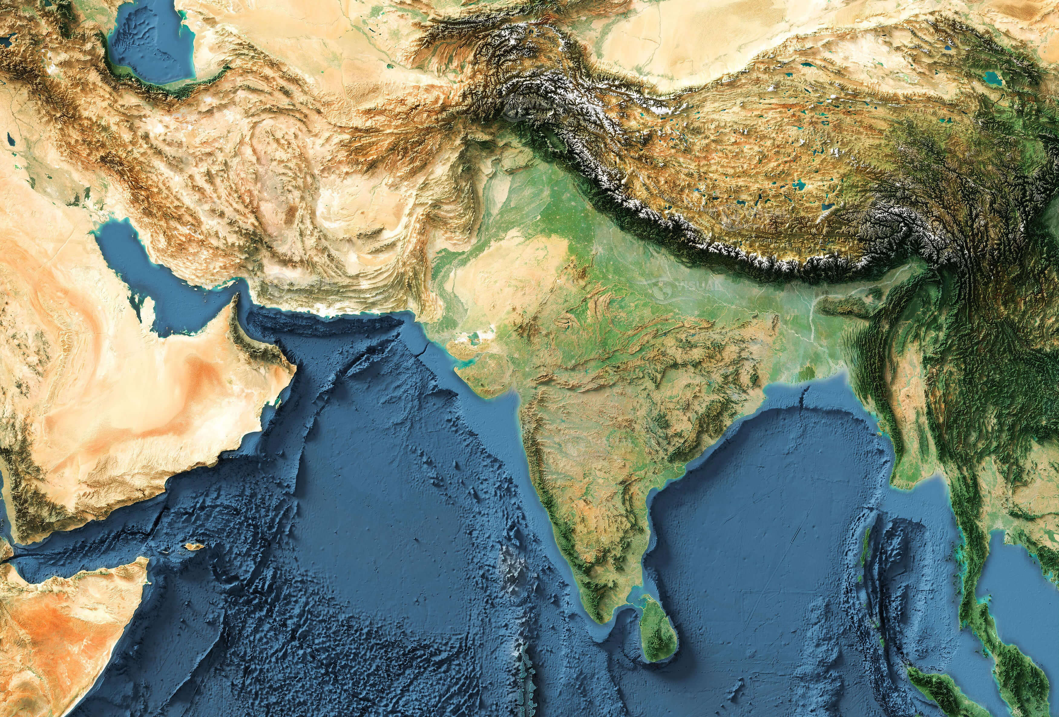 Topographic shaded relief map of South Asia