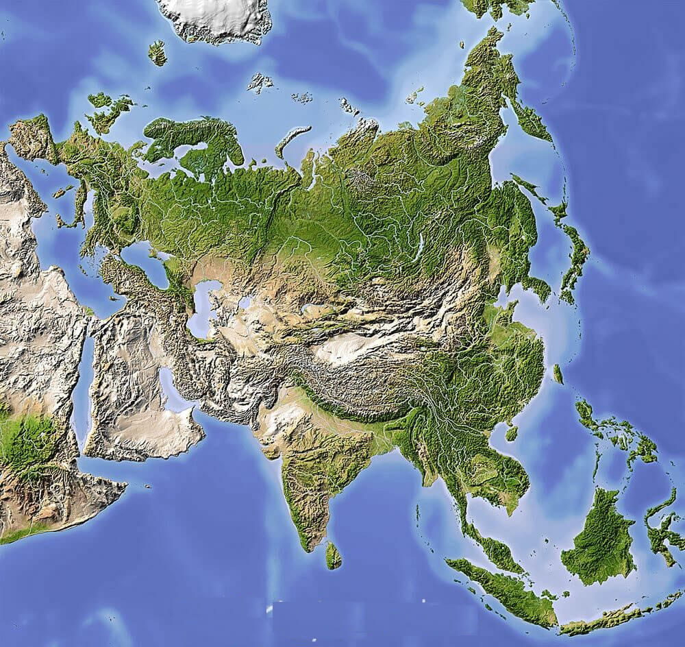 Topographics and relief map of Asia