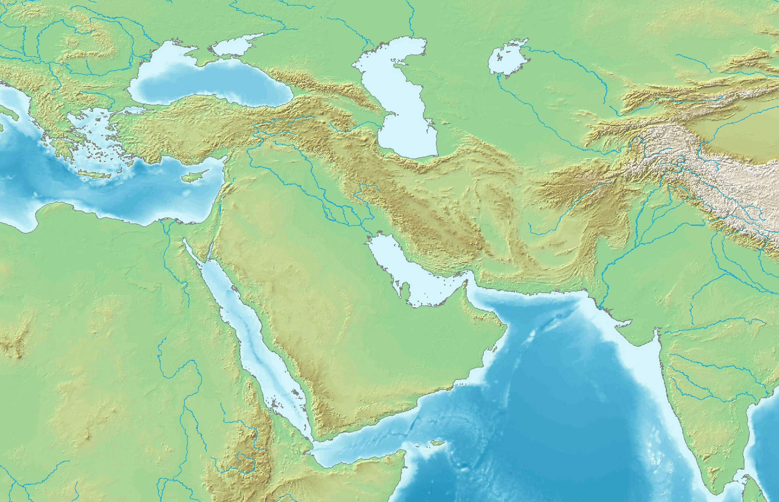 West Asia Middle East topography map with rivers