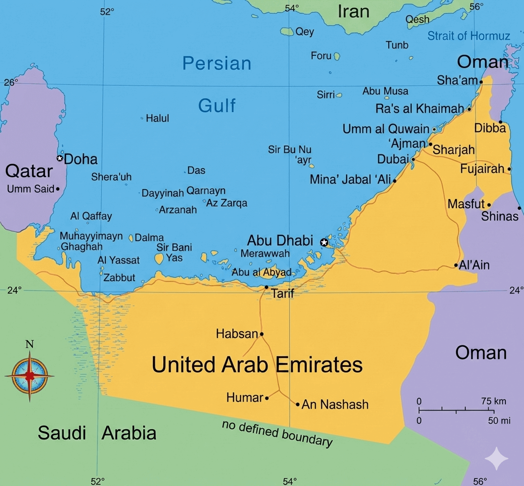 Map of United Arab Emirates with cities