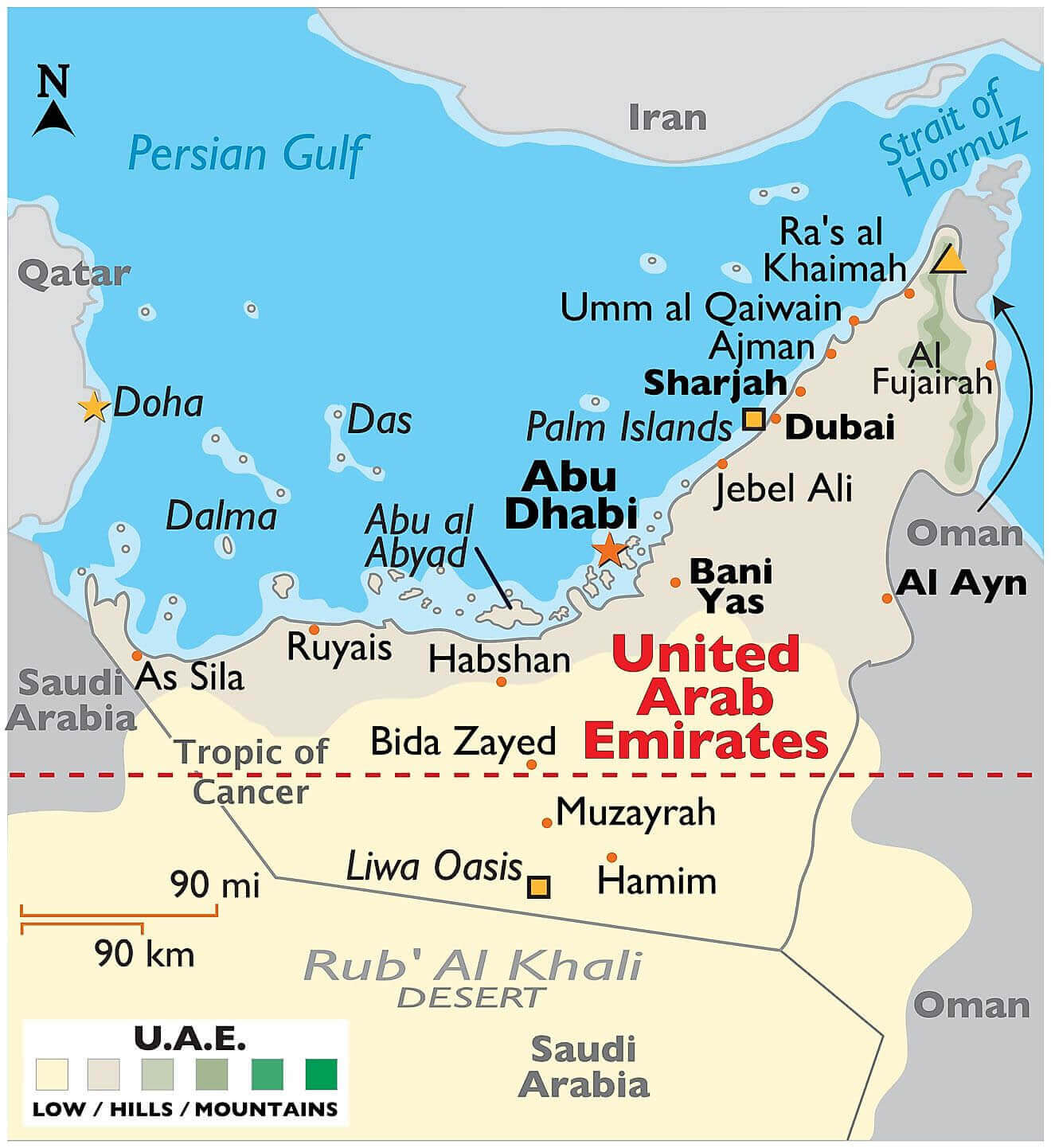 United Arab Emirates cities map with elevation
