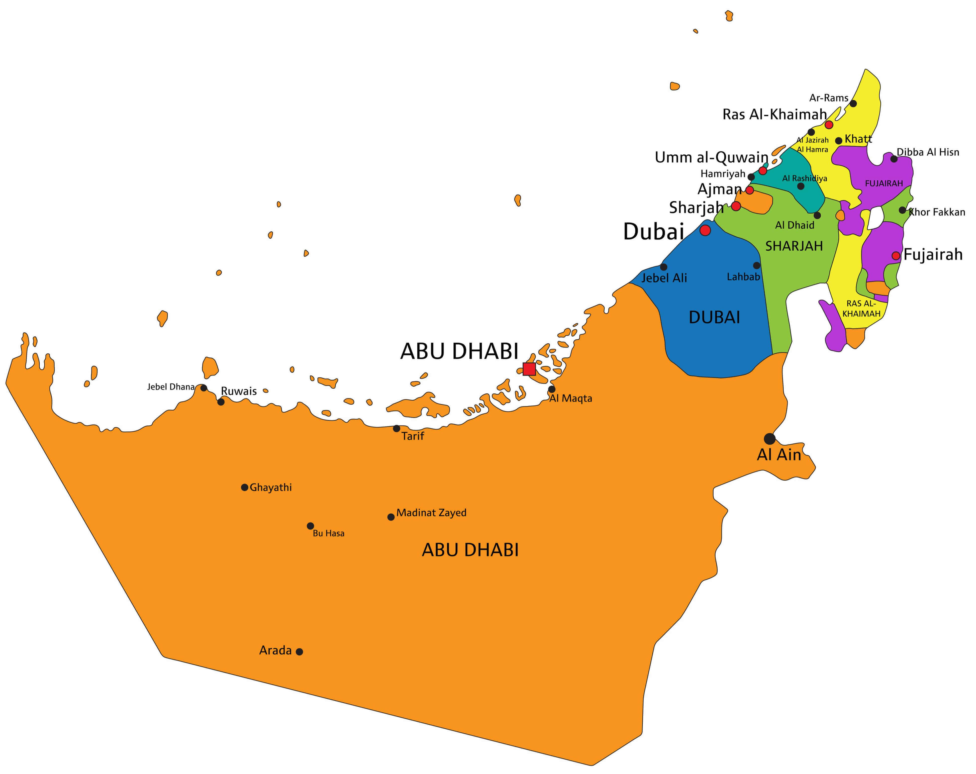 United Arab Emirates regions and cities map