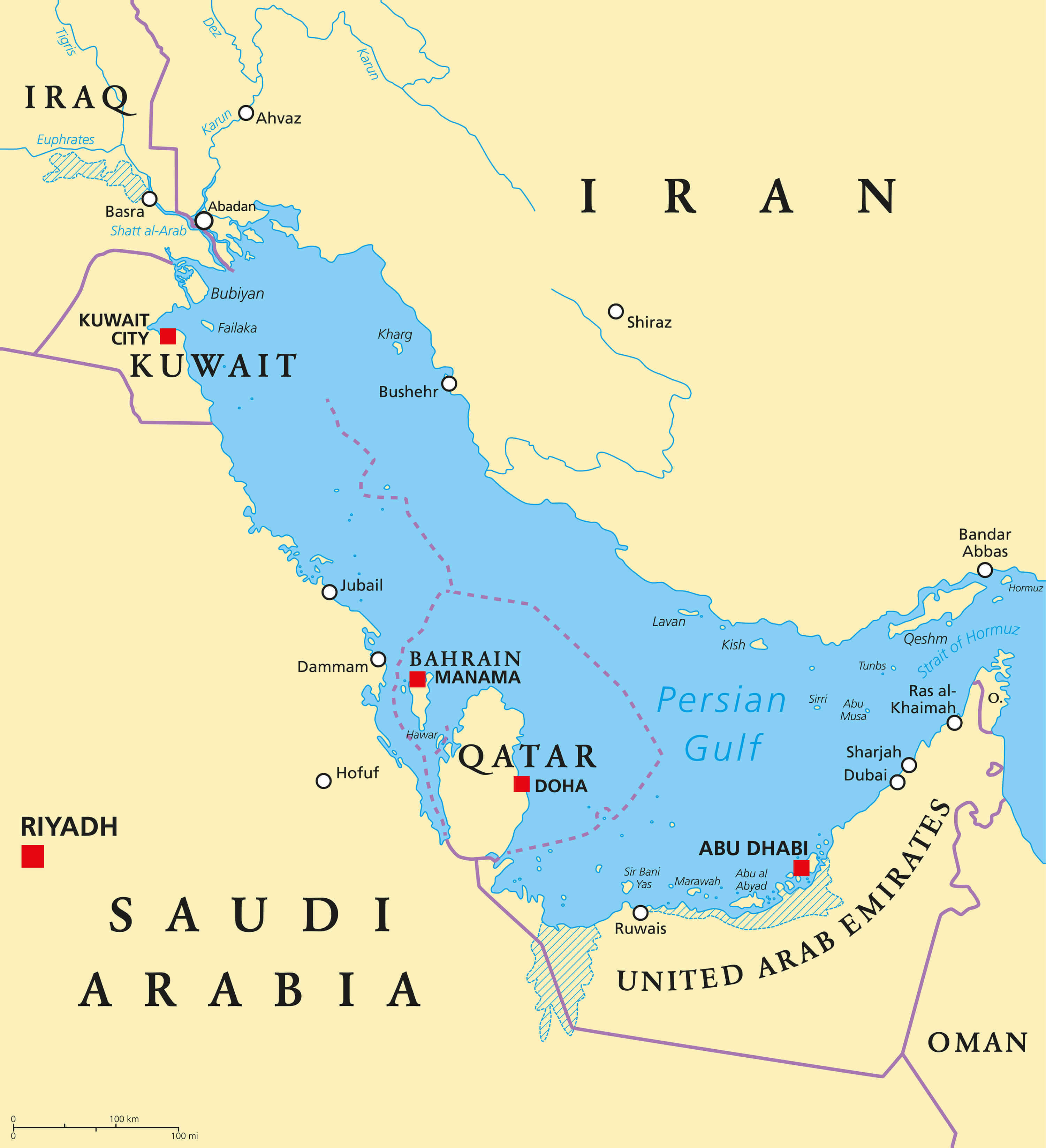 High-resolution UAE gulf region countries map