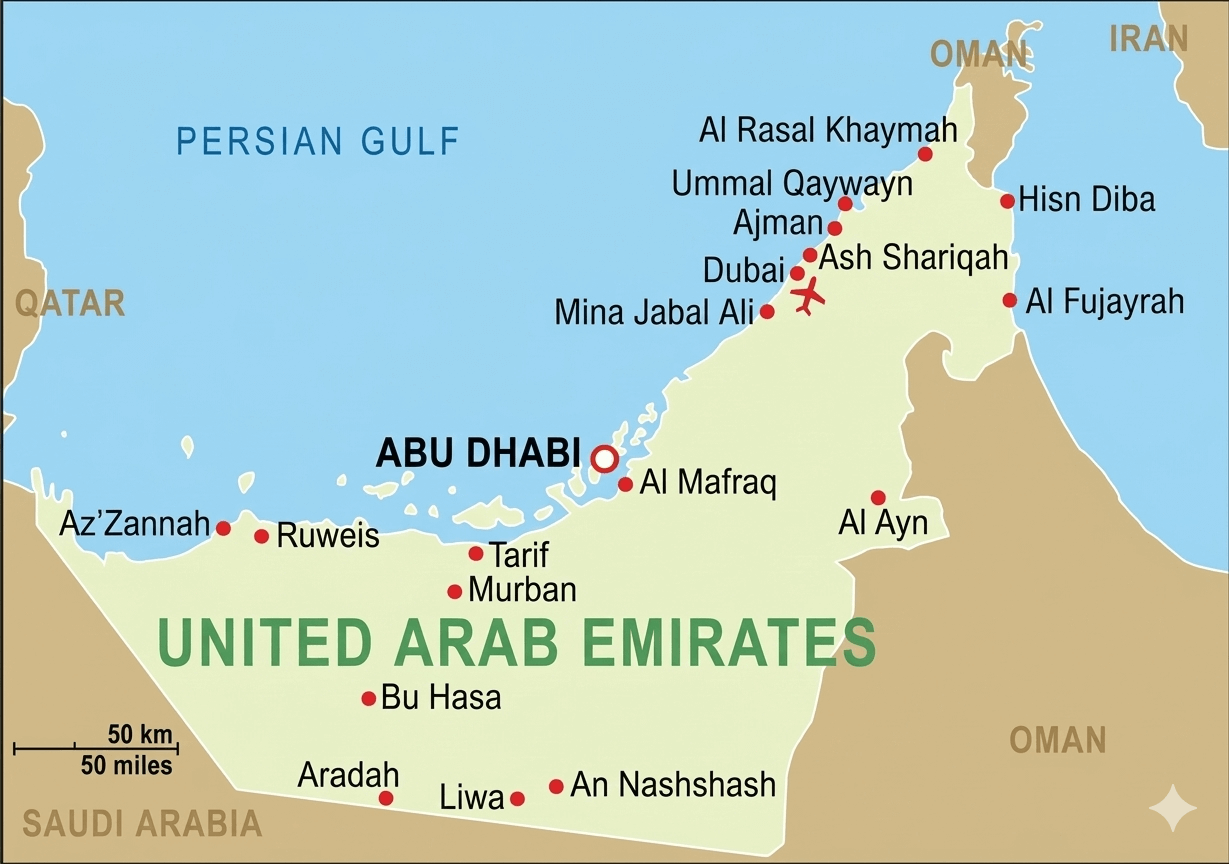 United Arab Emirates cities map with Dubai airport