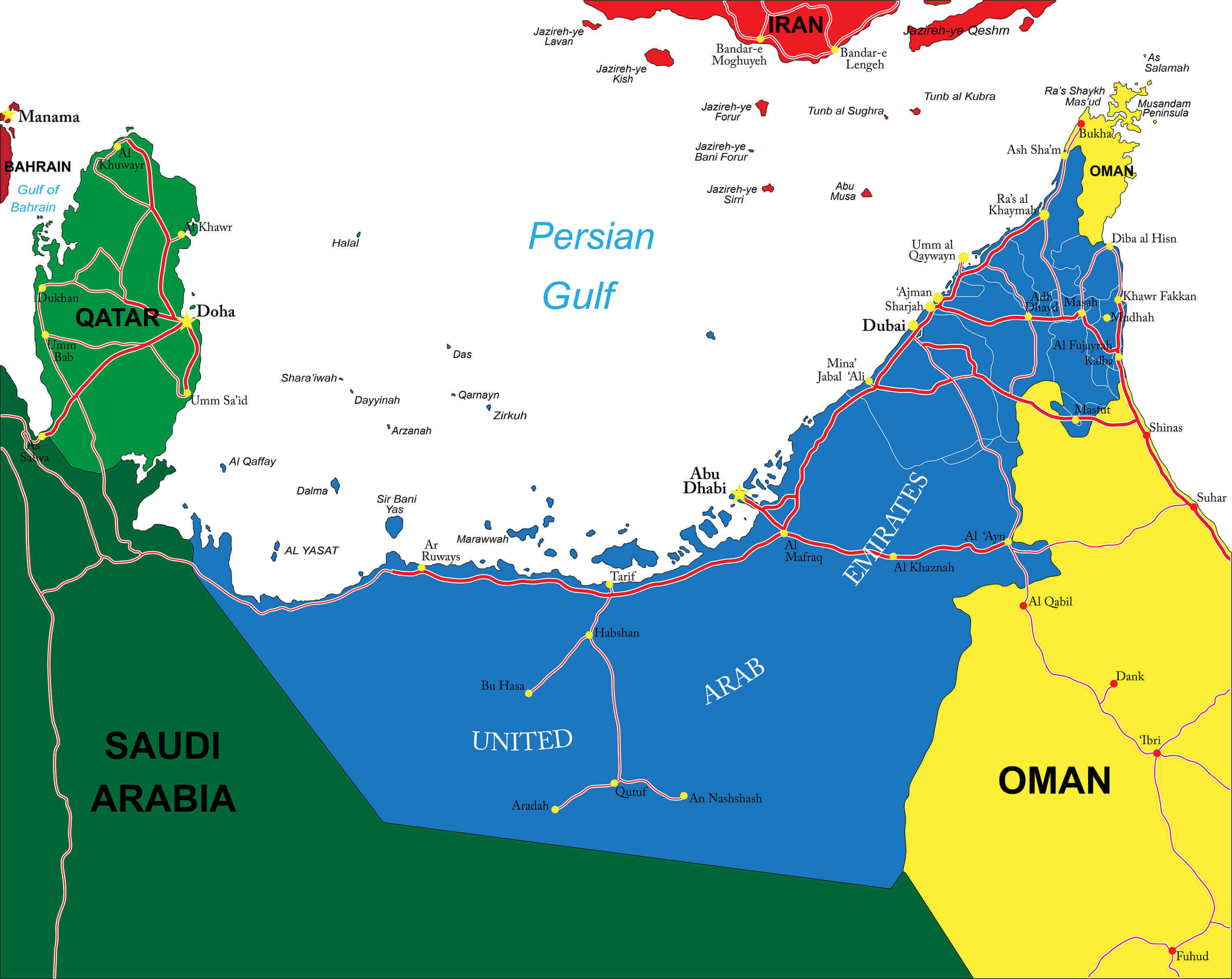 United Arab Emirates high resolution political map with cities	