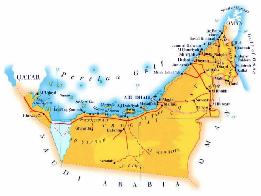 Detailed elevation map of UAE with roads cities and airports