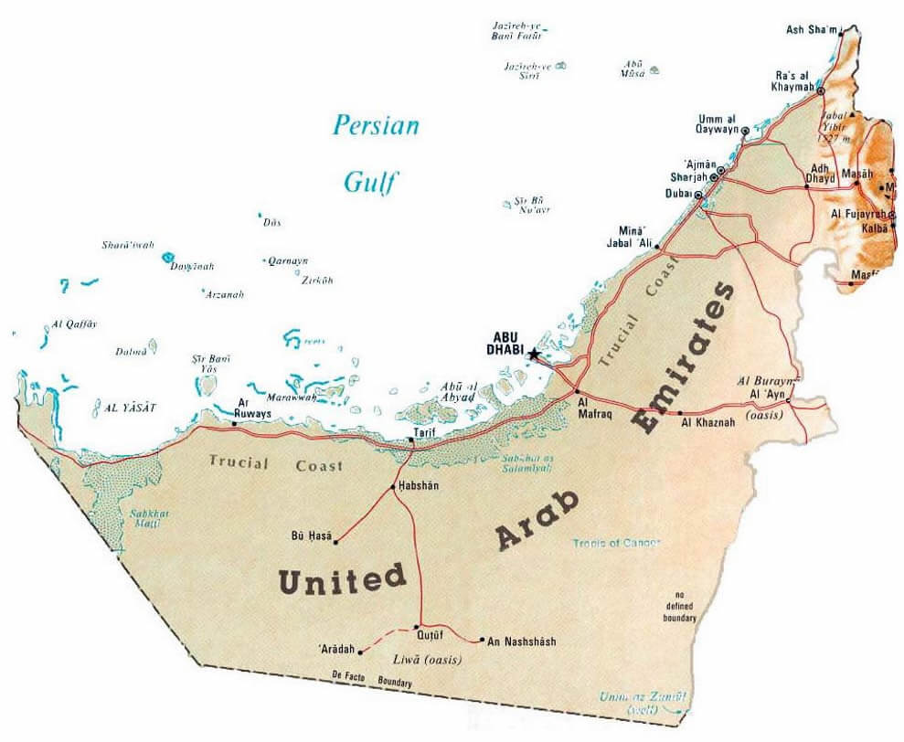 Detailed map of UAE with relief