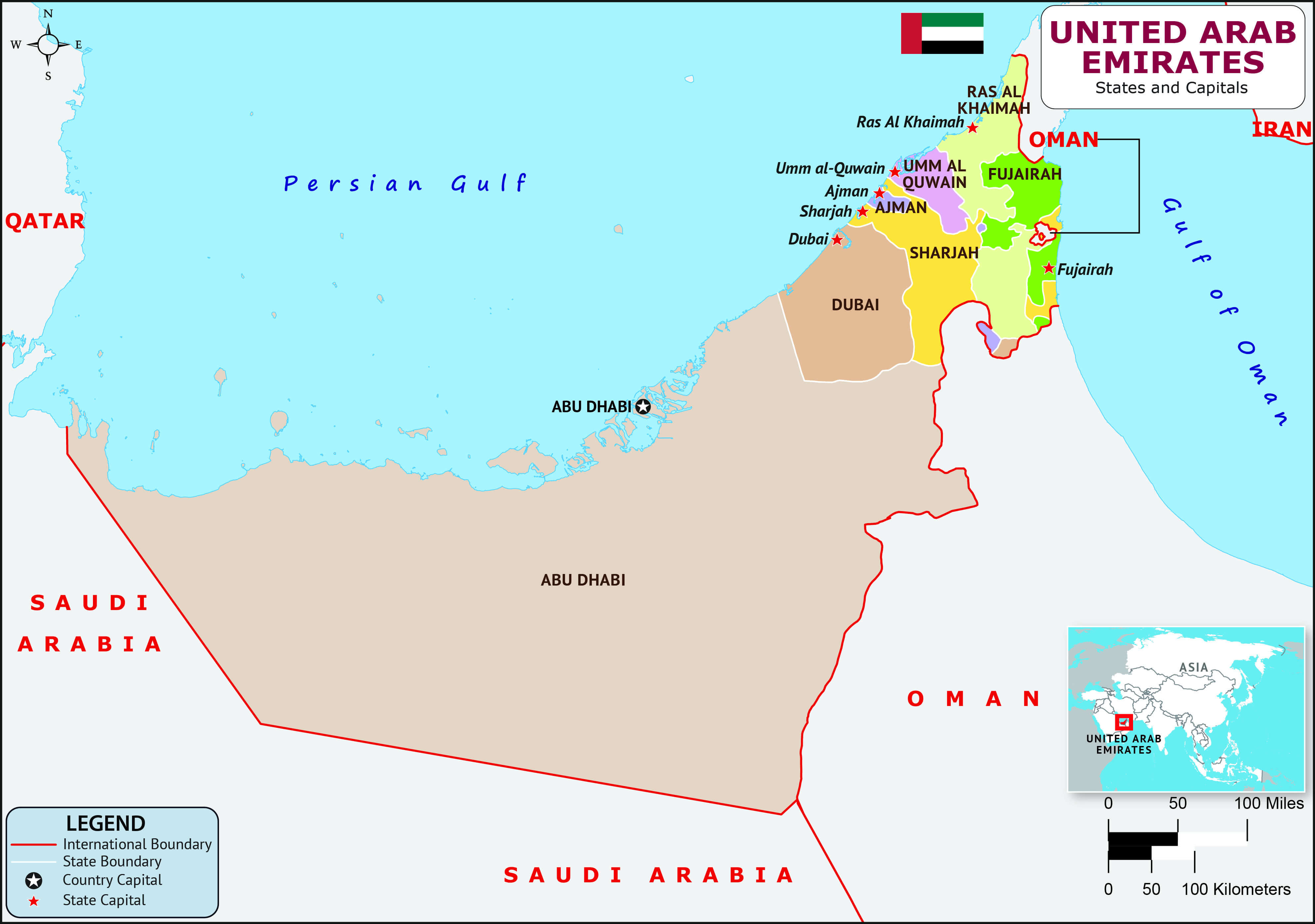 United Arab Emirates regions and capital map