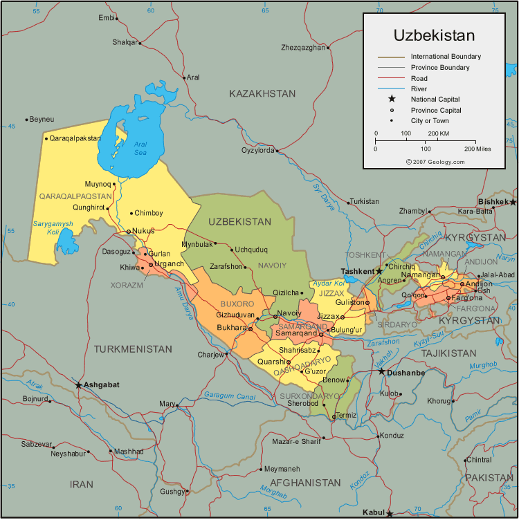 Map of Uzbekistan showing provinces, borders, rivers, and major cities.