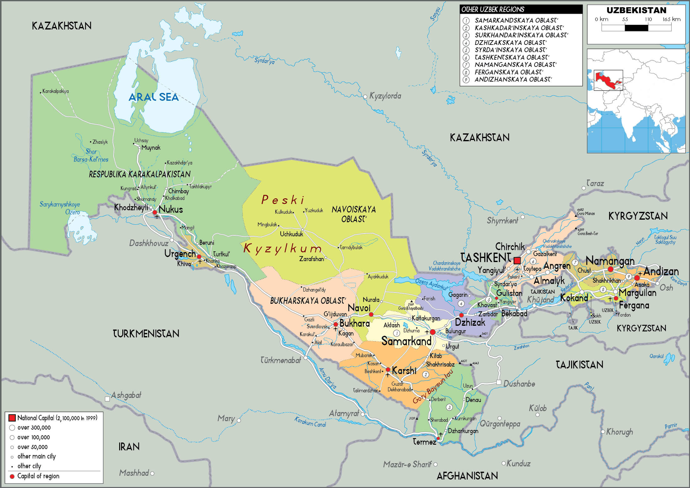Political Map of Uzbekistan with Provinces, Capitals, and Neighboring Countries