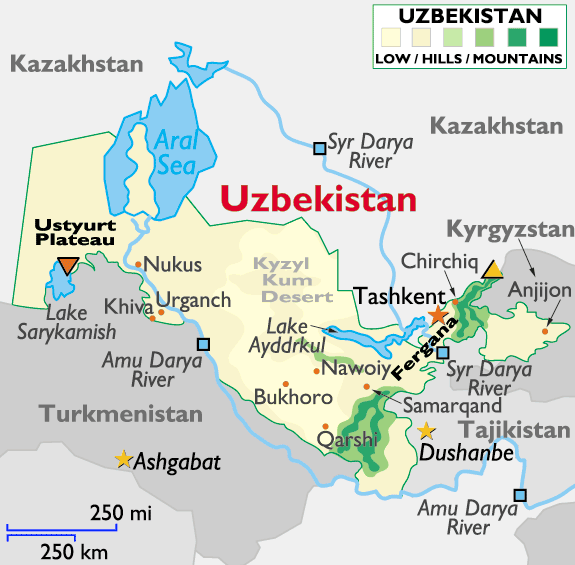 Map of Uzbekistan showing geographical features, cities, and borders.