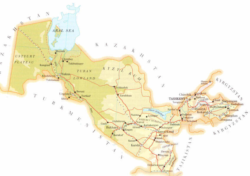 Uzbekistan physical map with cities