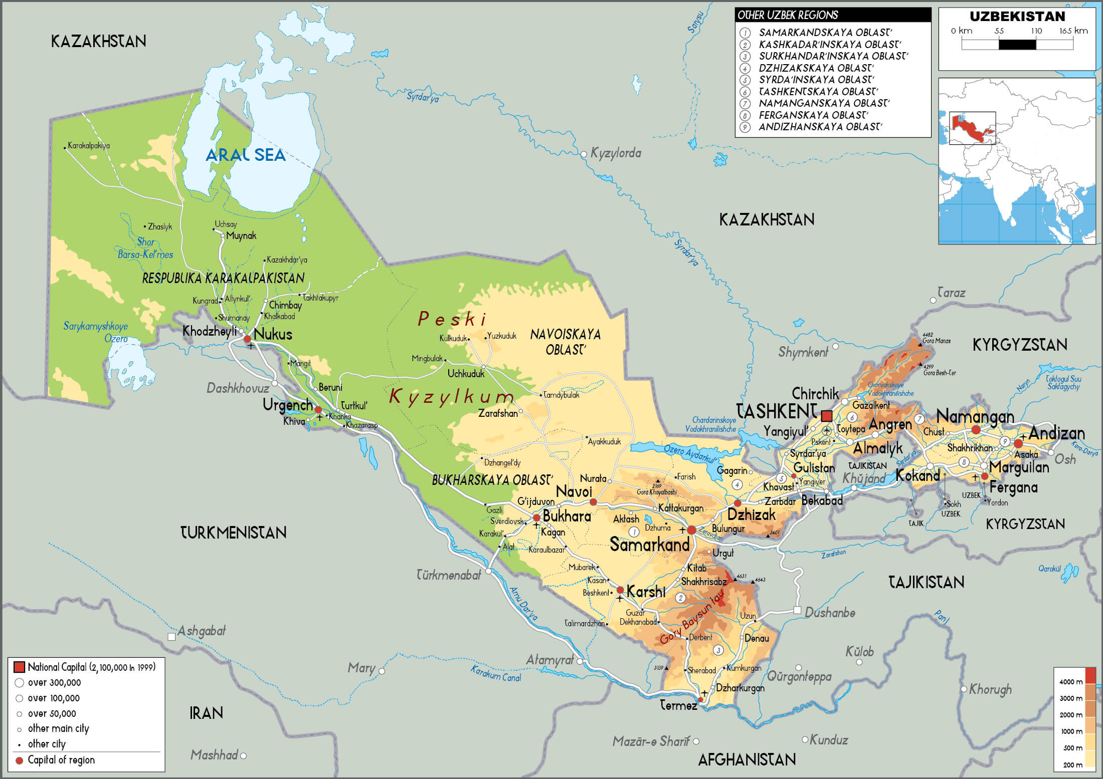 Uzbekistan Physical Map with Mountains, Rivers, Regions, and Elevation