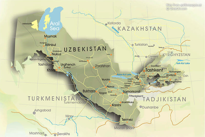 Relief map of Uzbekistan showing key cities, rivers, and terrain features.