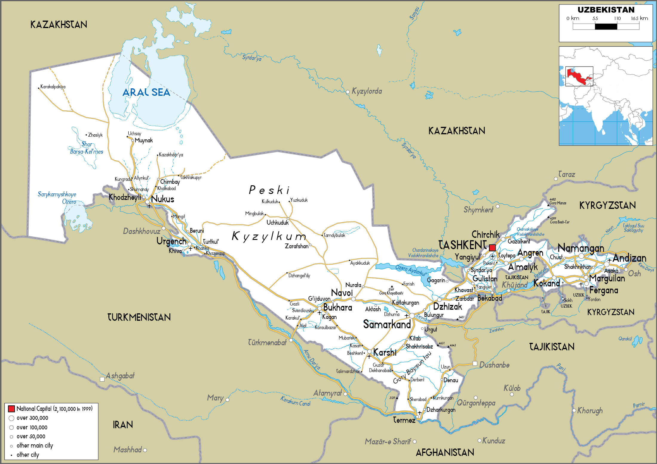 Uzbekistan Road Map with Cities, Borders, and Major Highways