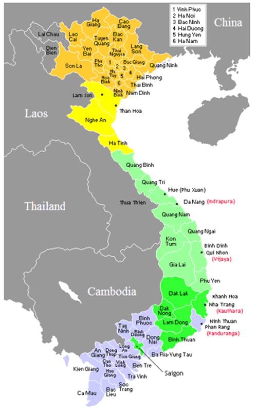 Map of Vietnam with regions and neighboring countries.