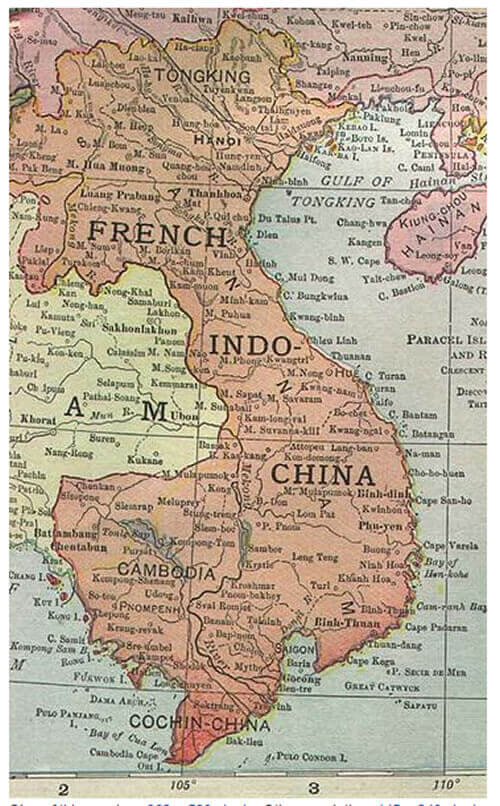 Map of French Indochina showing Vietnam, Cambodia, and Laos.