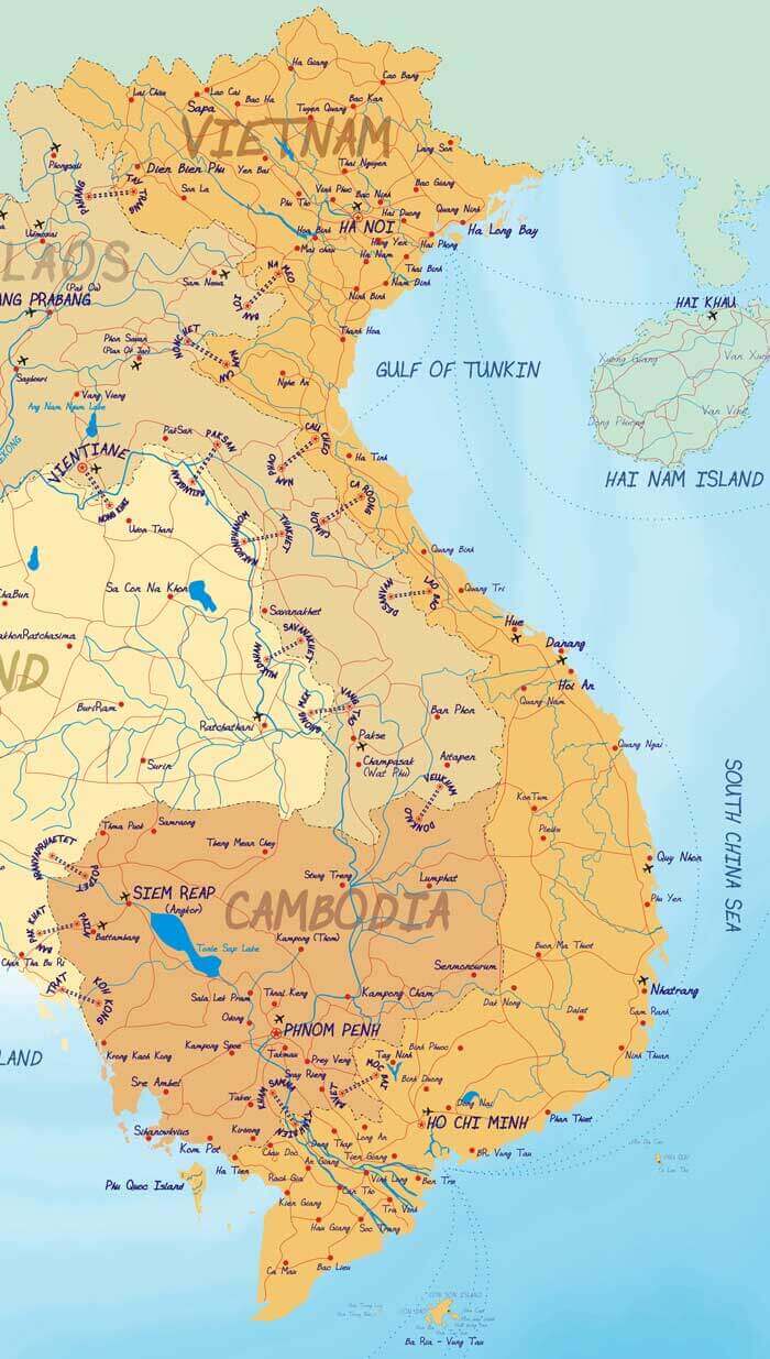 Detailed map of Vietnam and Cambodia, showing cities and landmarks.