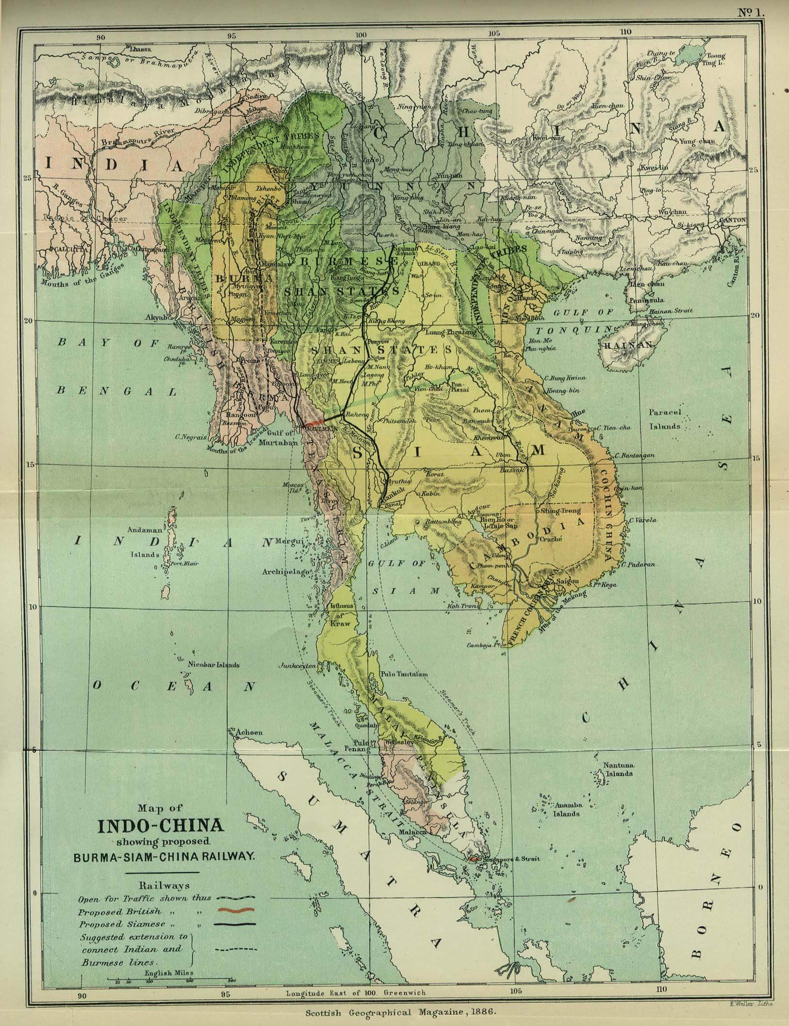 Historic map of Indo-China, 1886, showing proposed Burma-Siam-China railway.