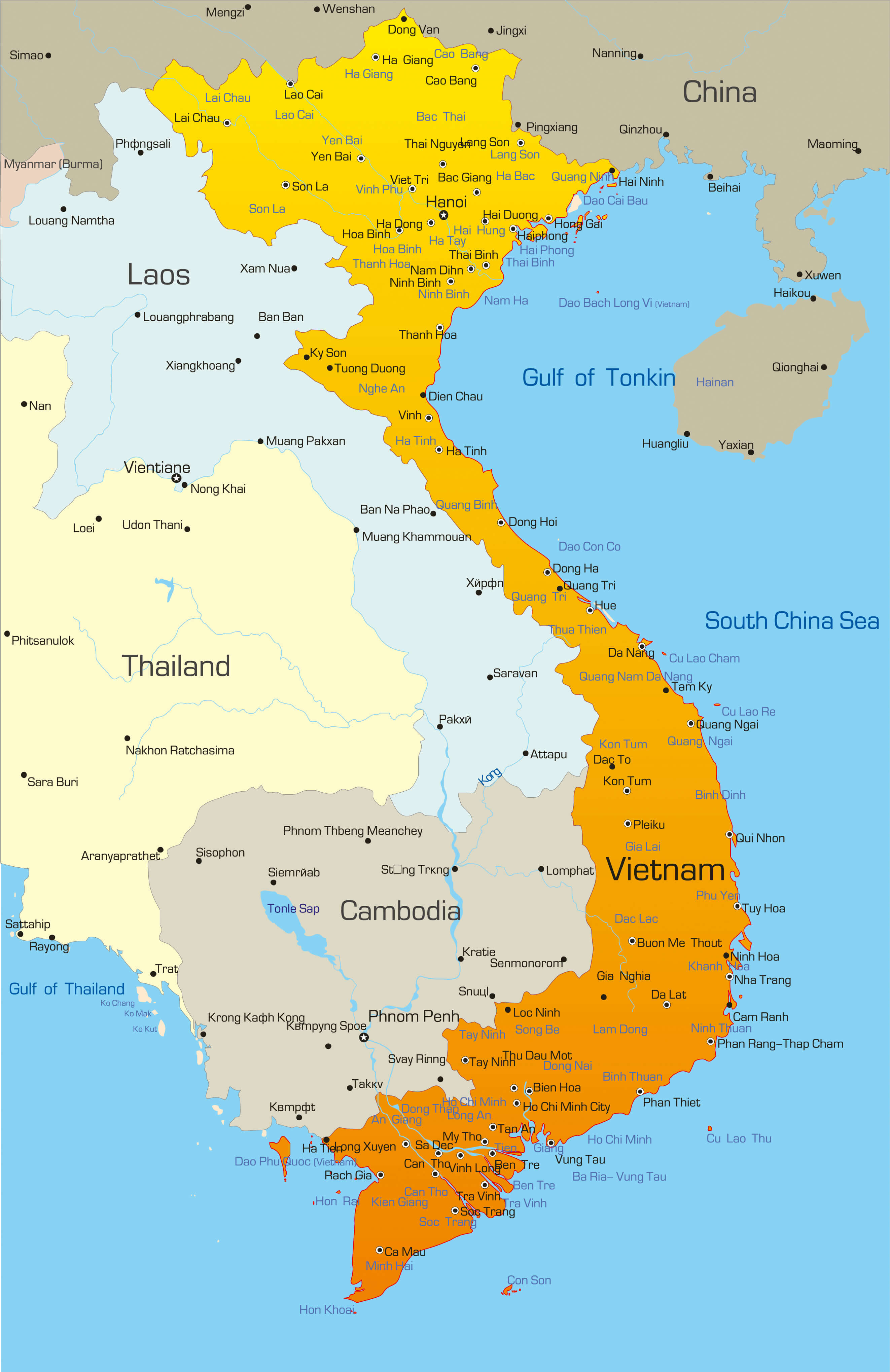 Vietnam Political Map with Provinces, Major Cities, and International Borders