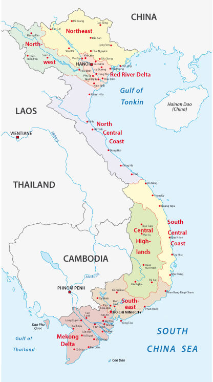 Vietnam Provinces and Regions Map with Key Areas and Neighboring Countries