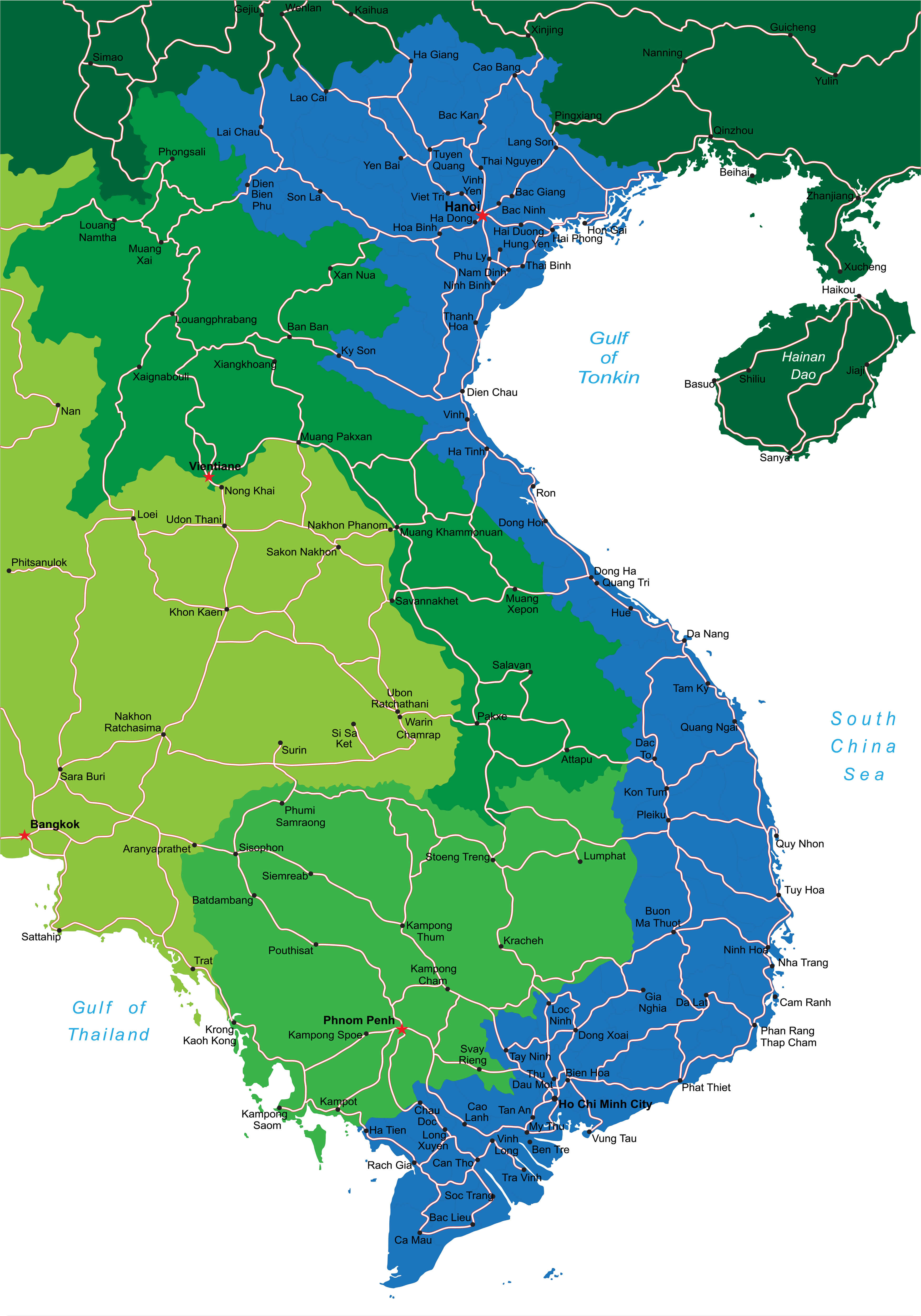 Vietnam Road Map with Neighboring Countries and Major Transportation Routes