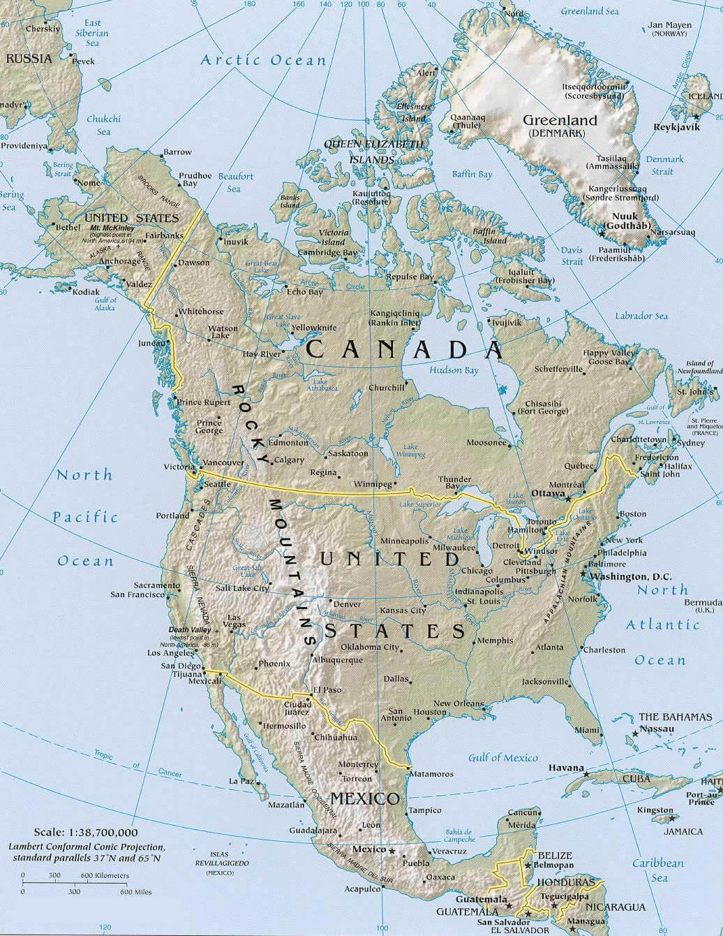North America Continent Physical Map