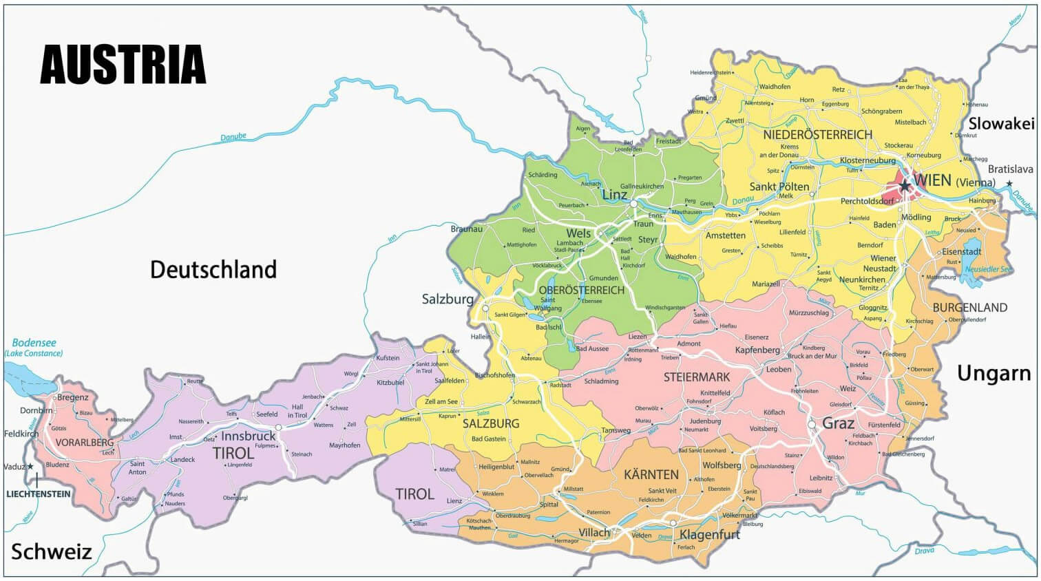 Austria cities provinces and urban map