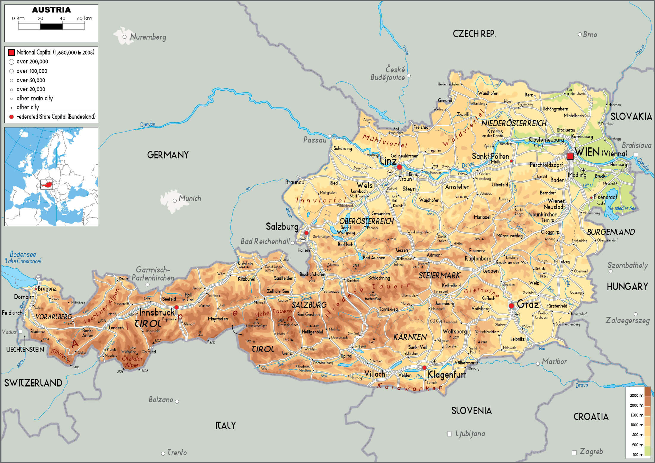 Austria high resolution physical map