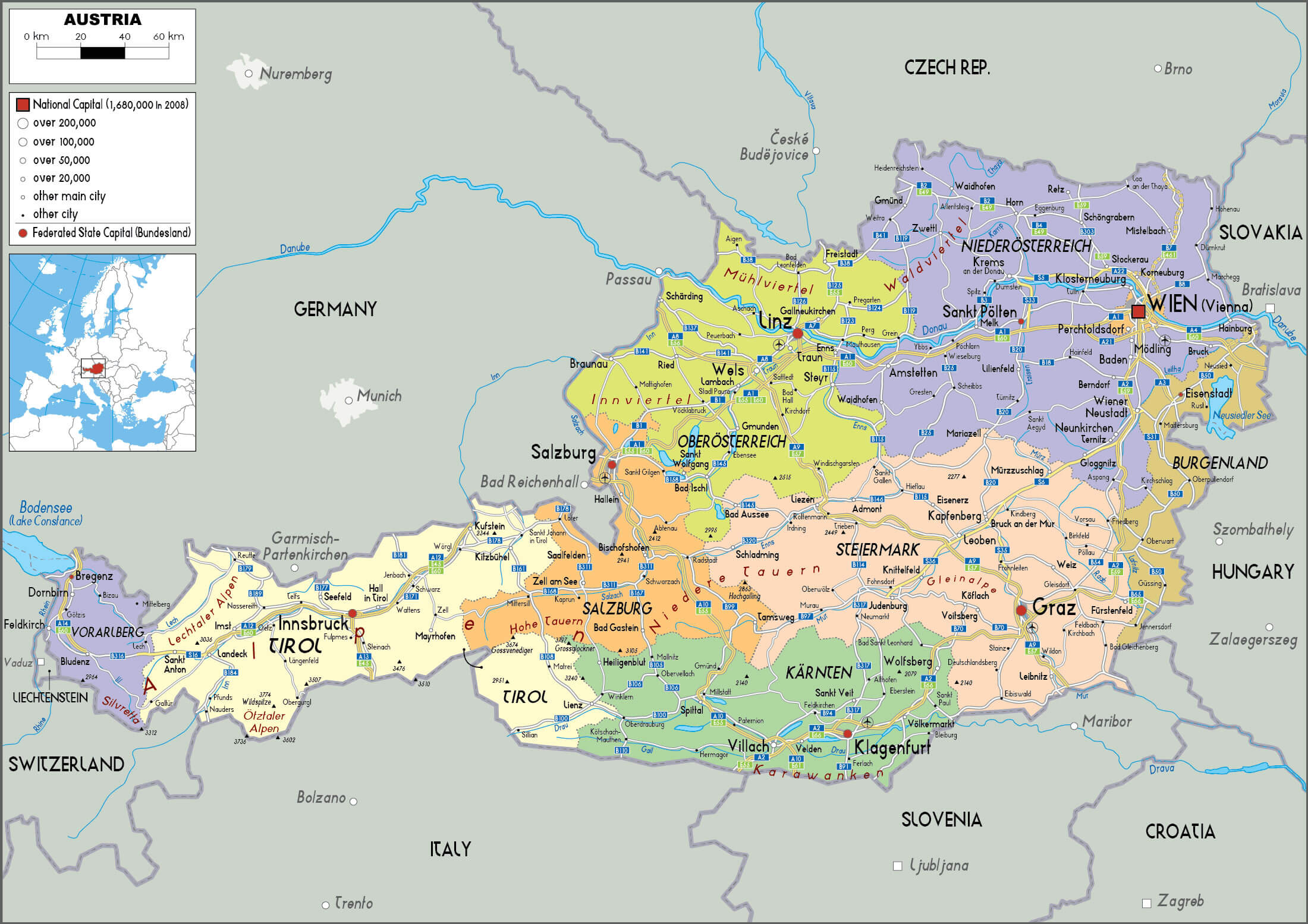 Detailed Austria political map with regions