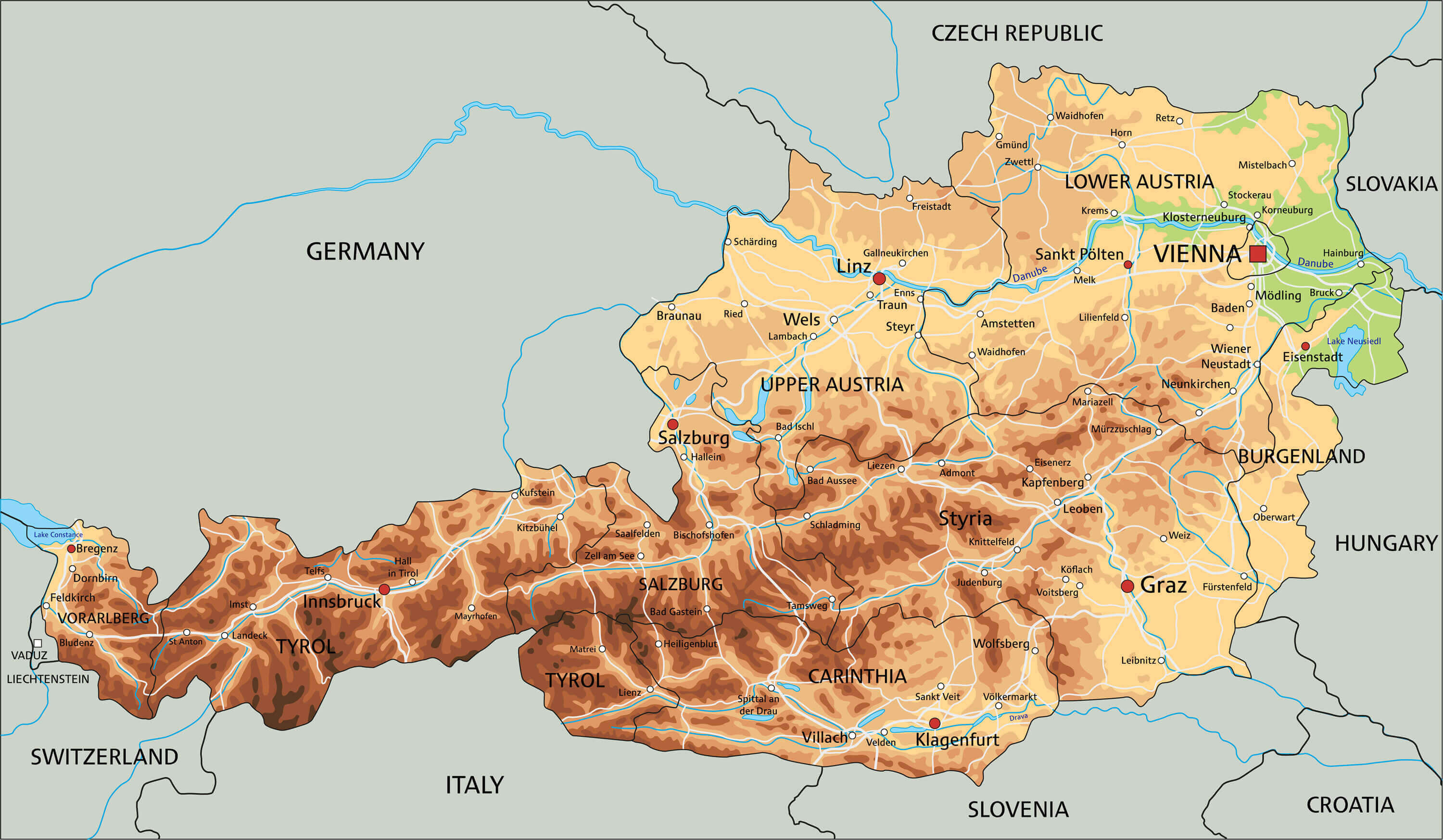 High resolution Austria physical map