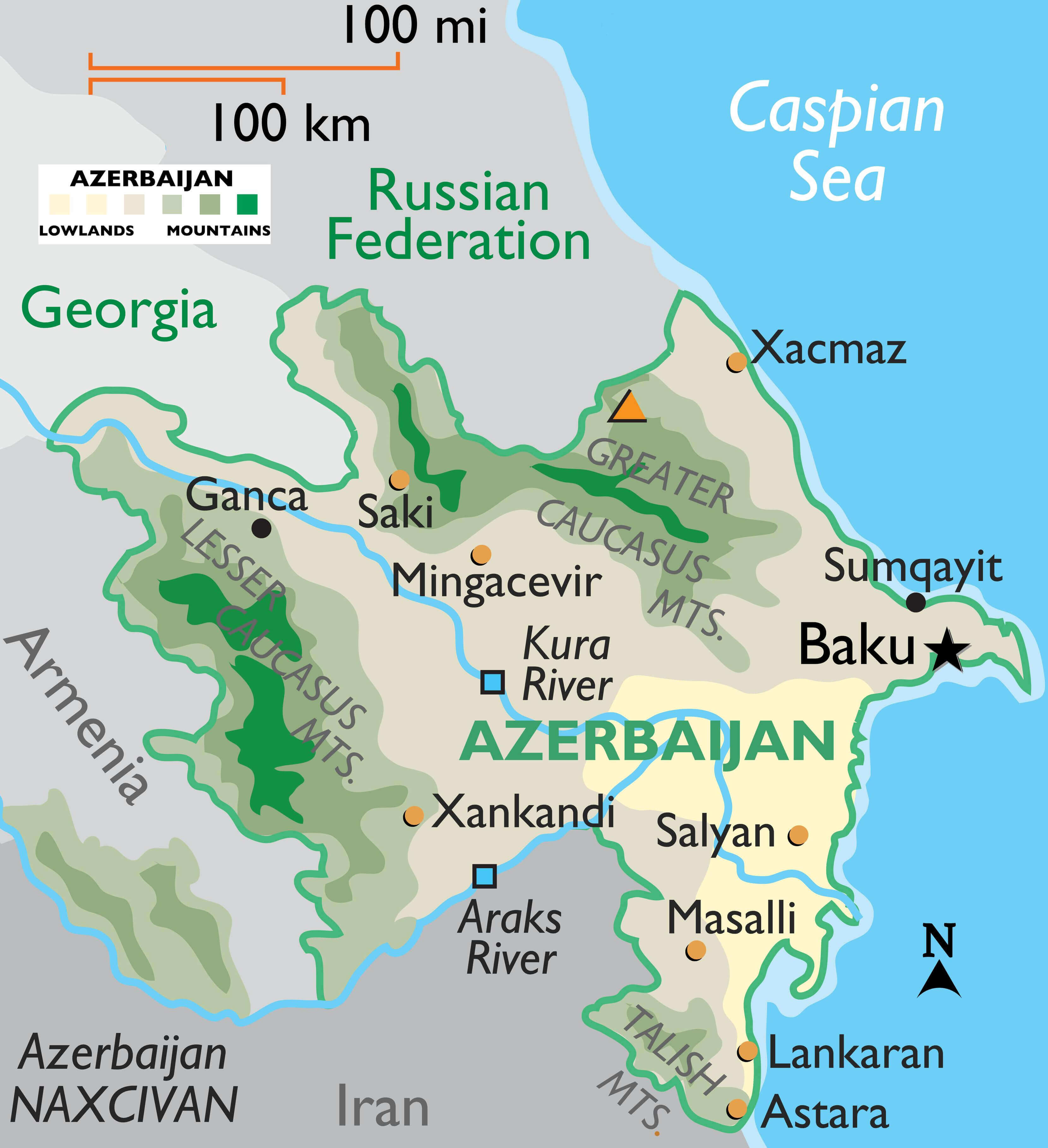 Azerbaijan international border map with caspian sea
