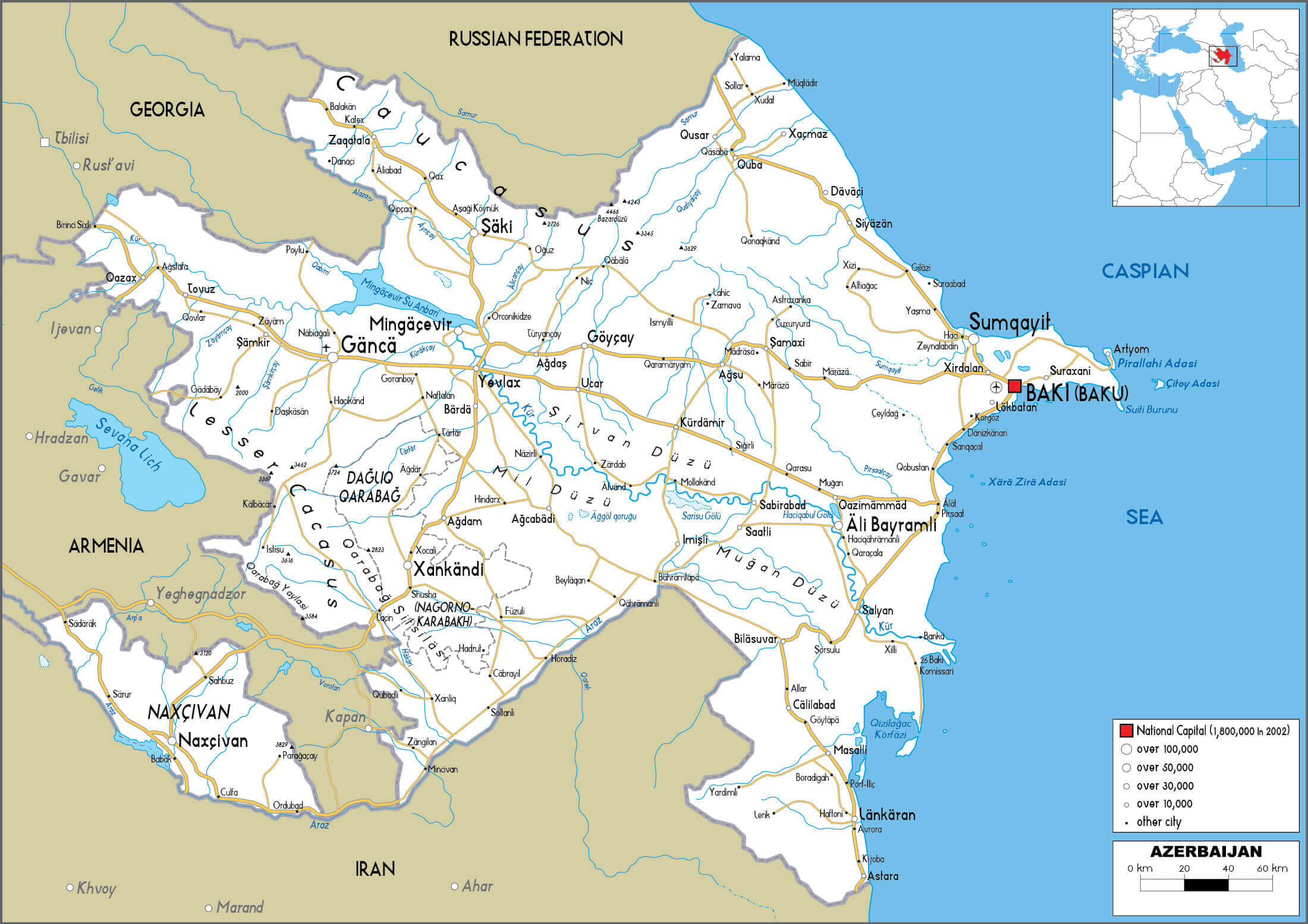 Azerbaijan largest cities map with main roads