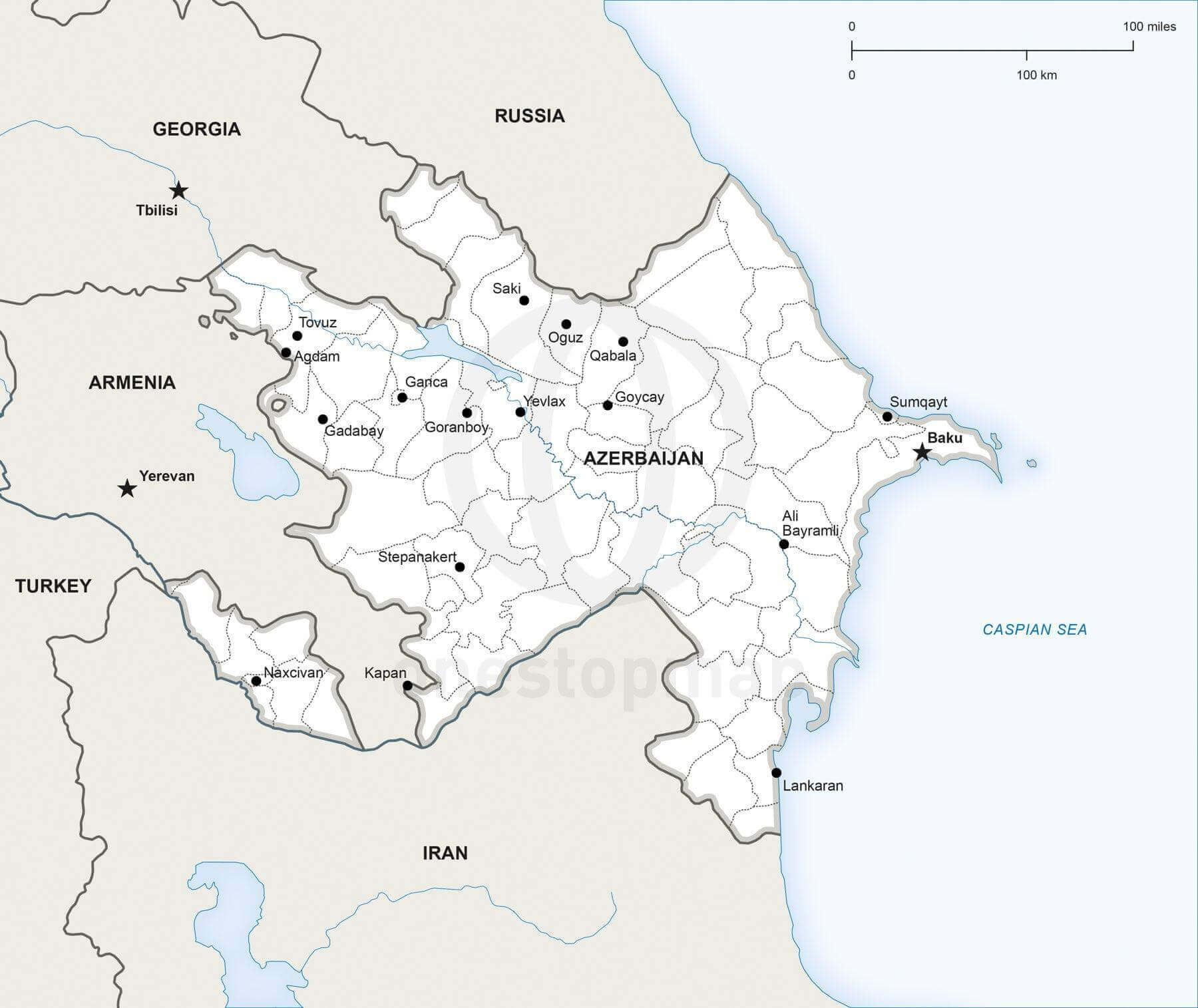 Azerbaijan outline map with major cities