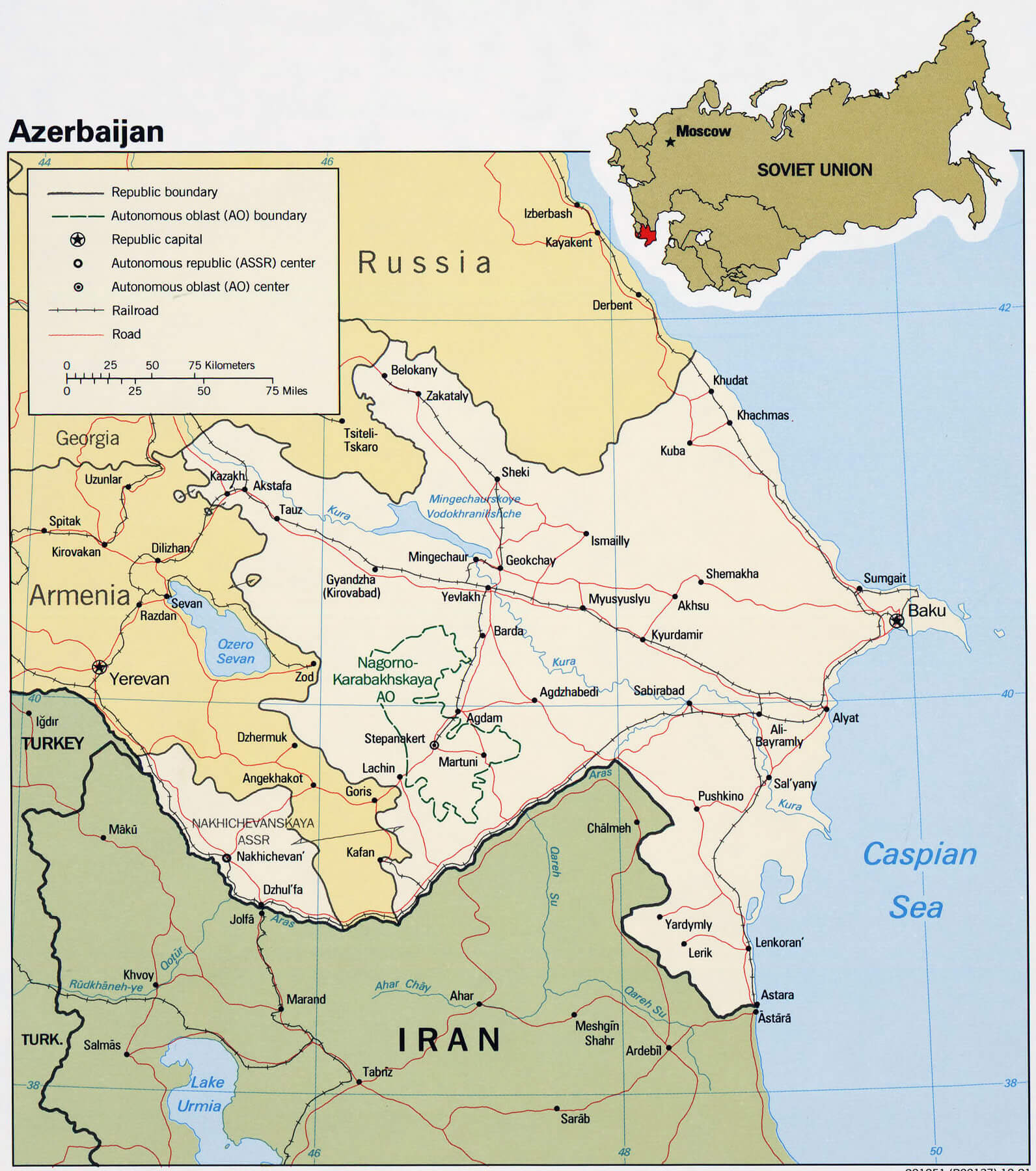 Detailed political map of Azerbaijan with roads cities 1991