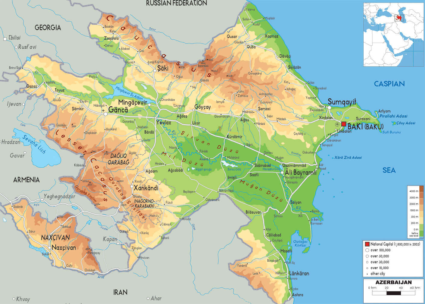 High-resolution Azerbaijan physical map
