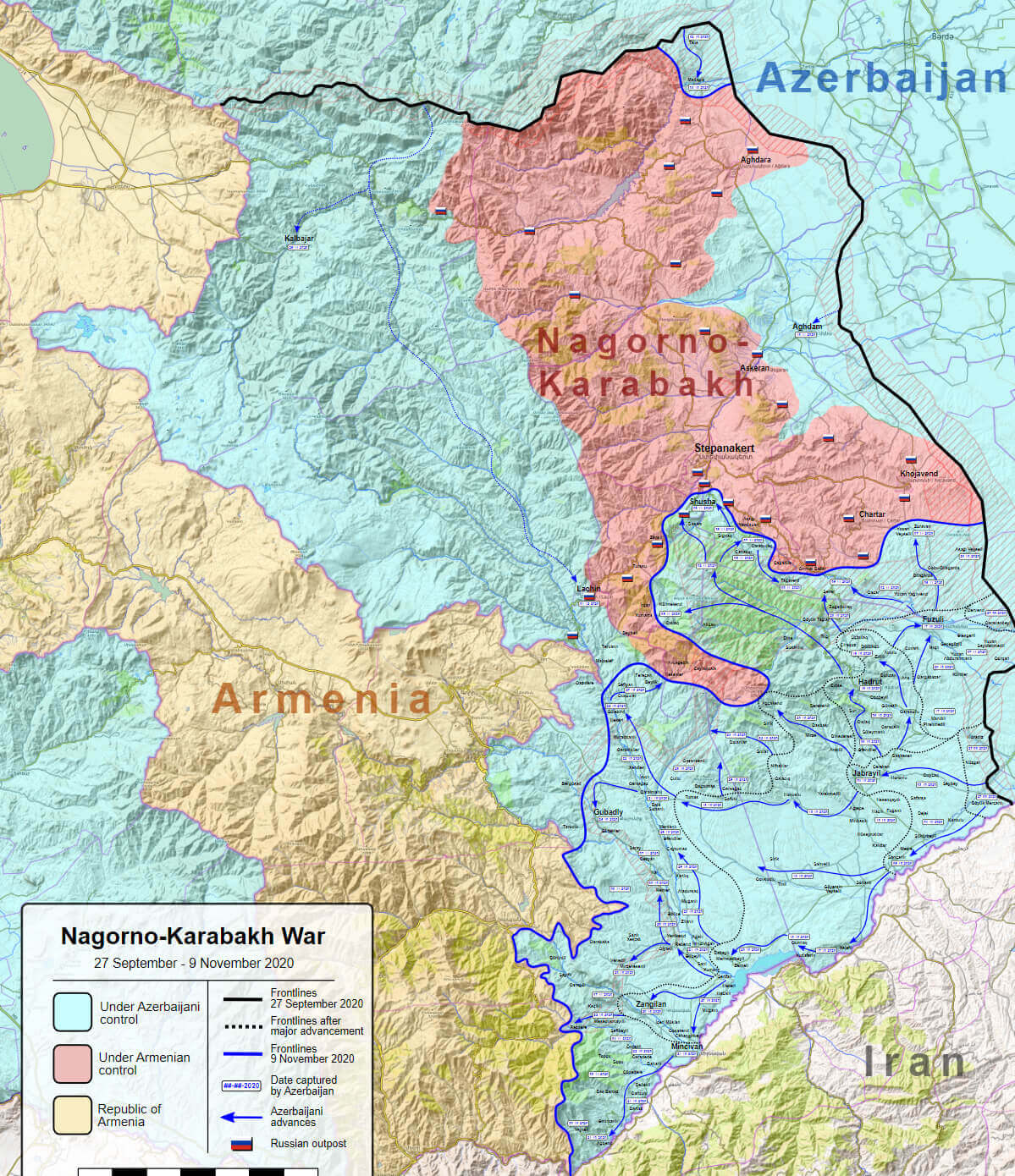 Nagorno karabakh war map in 2020 with Azerbaijan