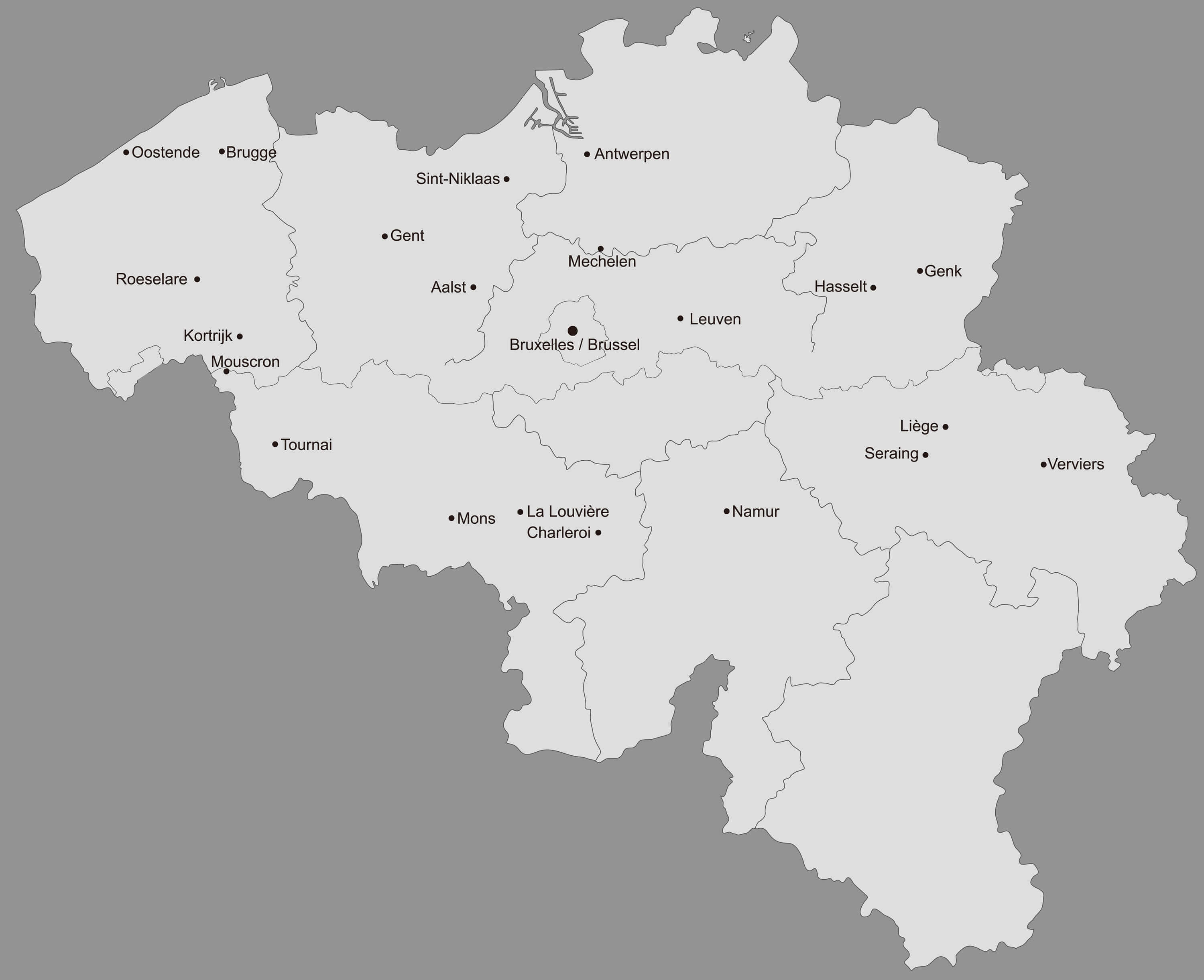 Belgium blank cities map