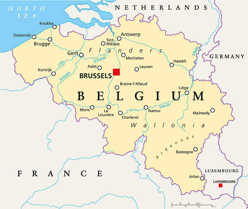 Belgium cities and rivers map