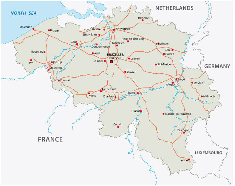 Belgium cities highways map