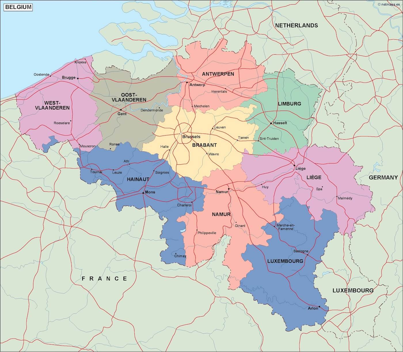 Belgium cities political map