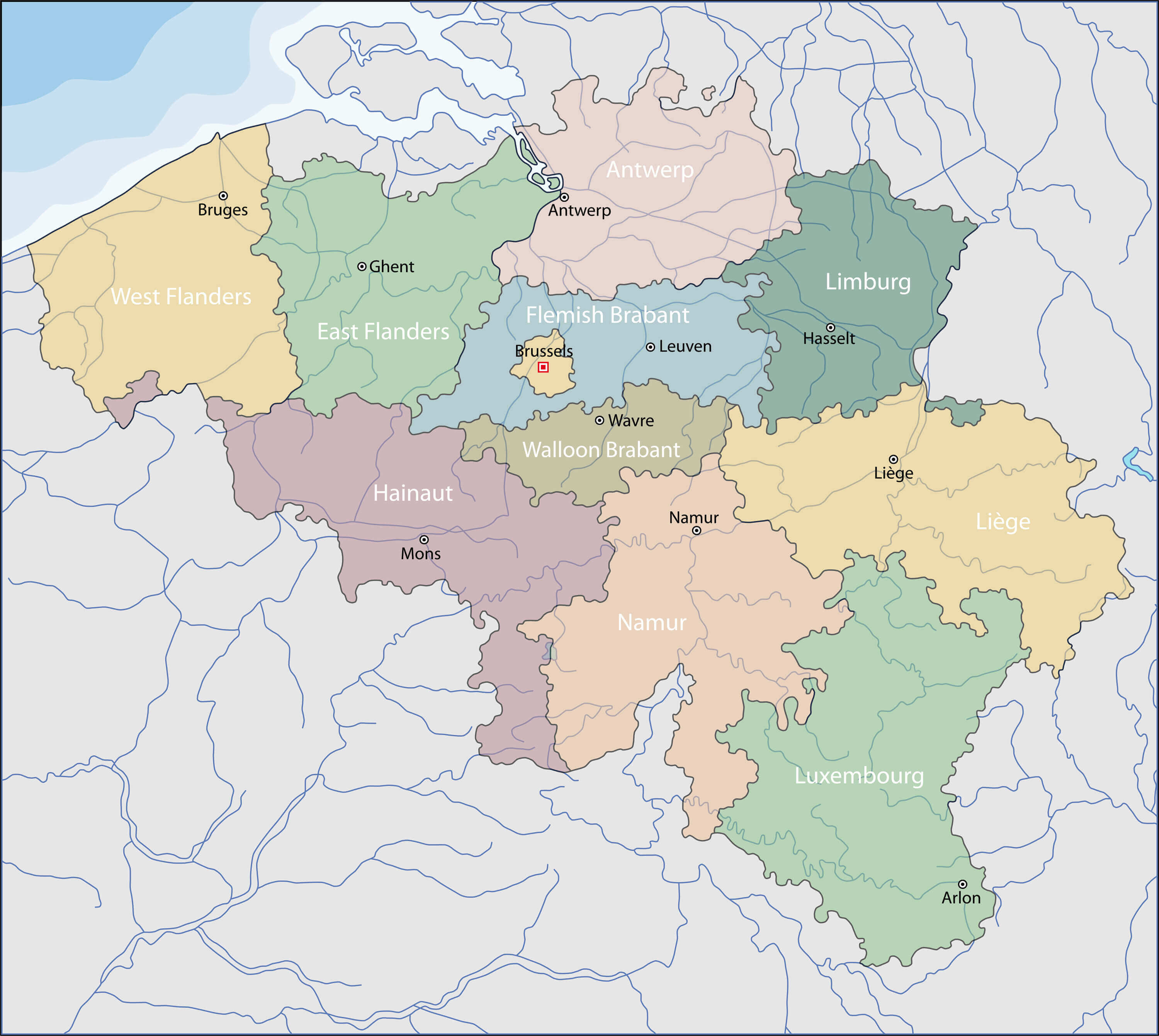 Belgium main cities and provinces map