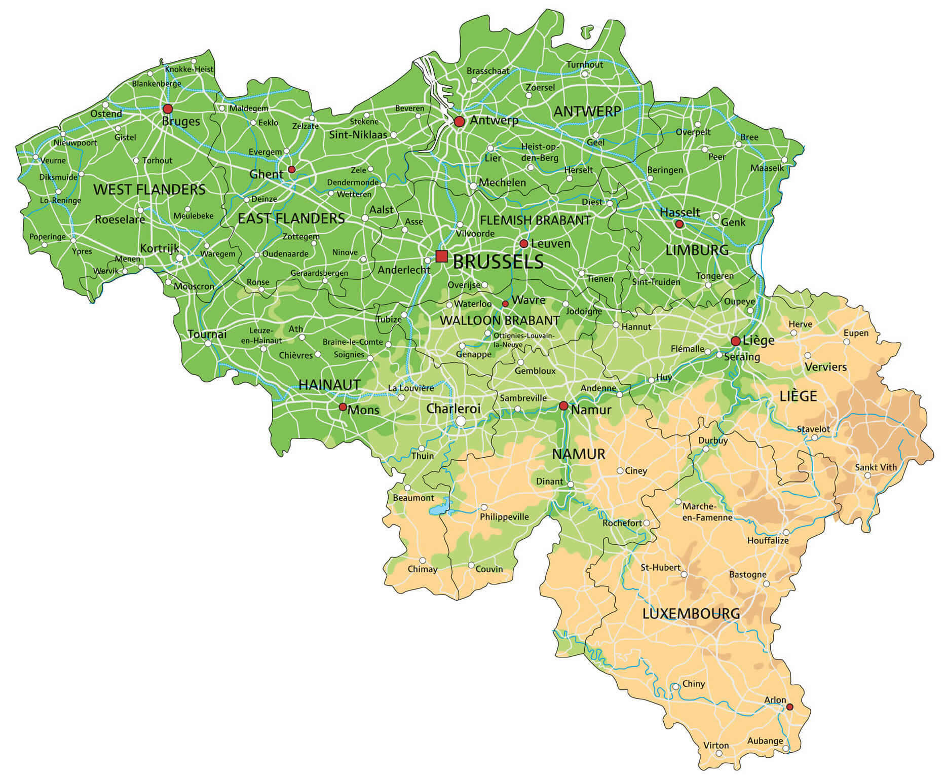 Belgium physical map with cities