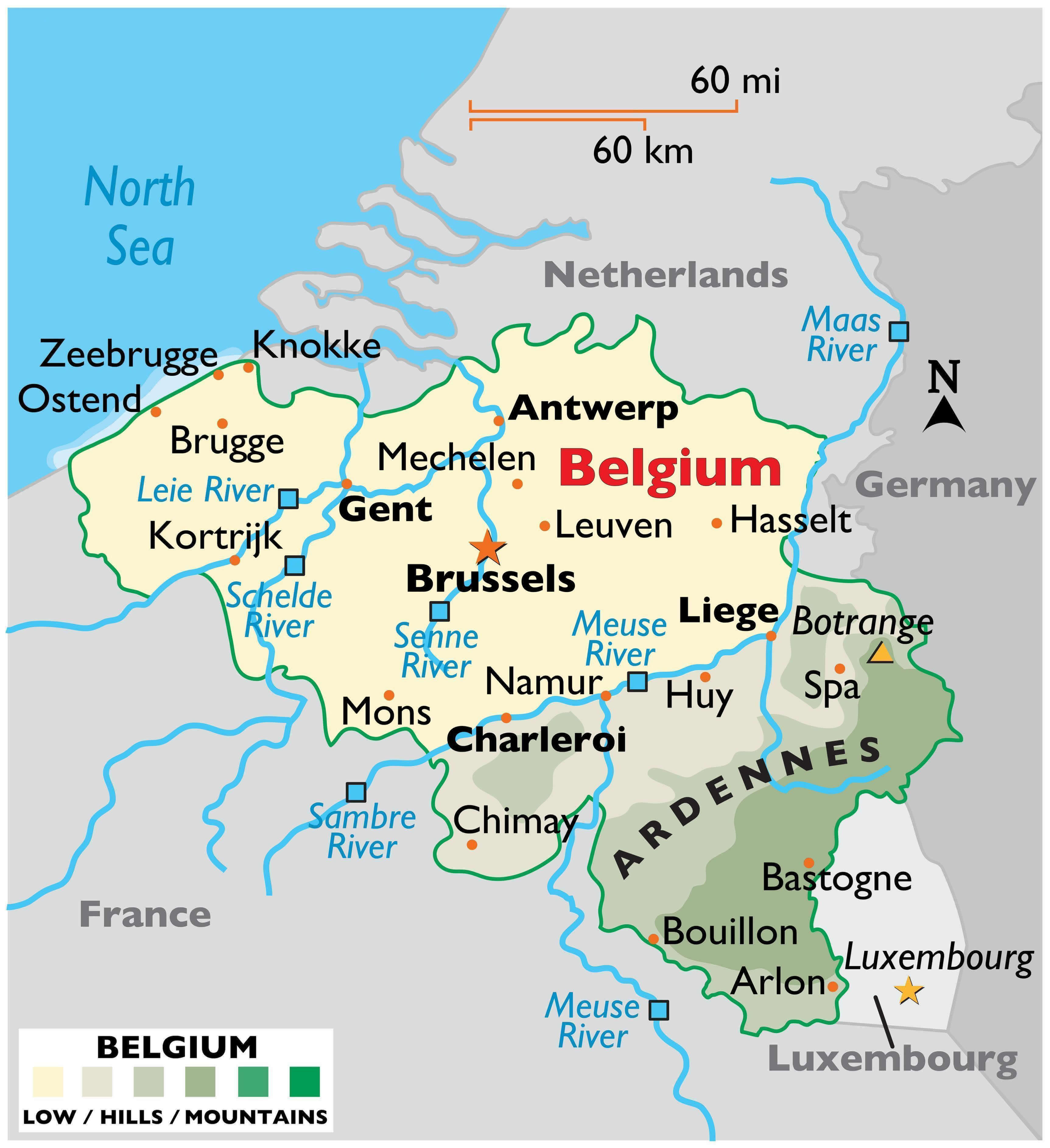 Belgium physical map with largest cities