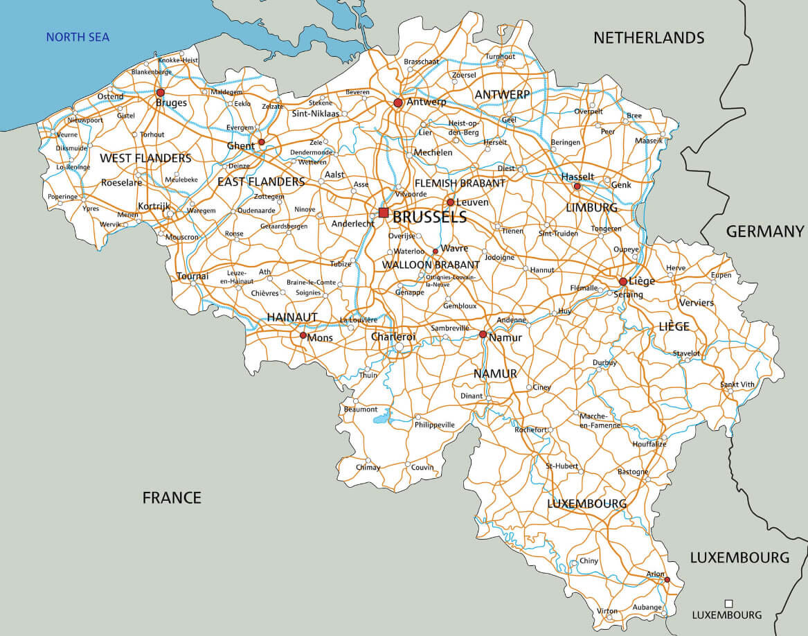 Belgium road map with cities