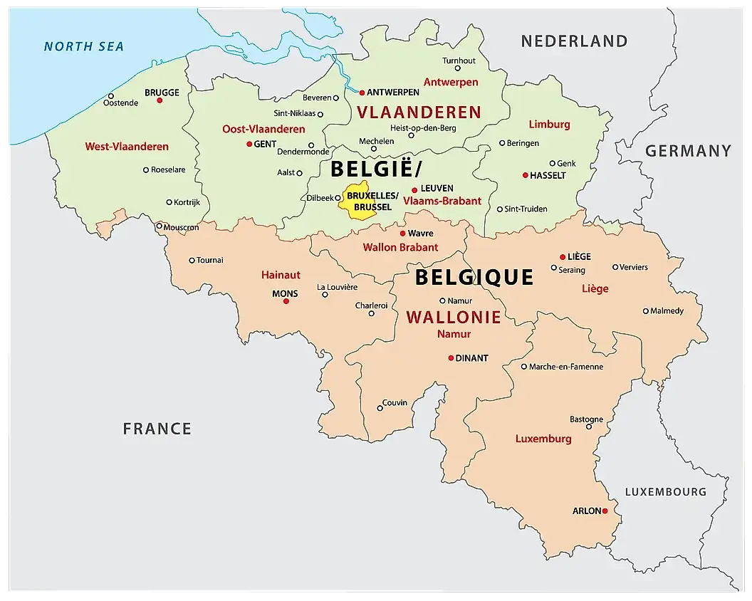 Regions and cities map of Belgium