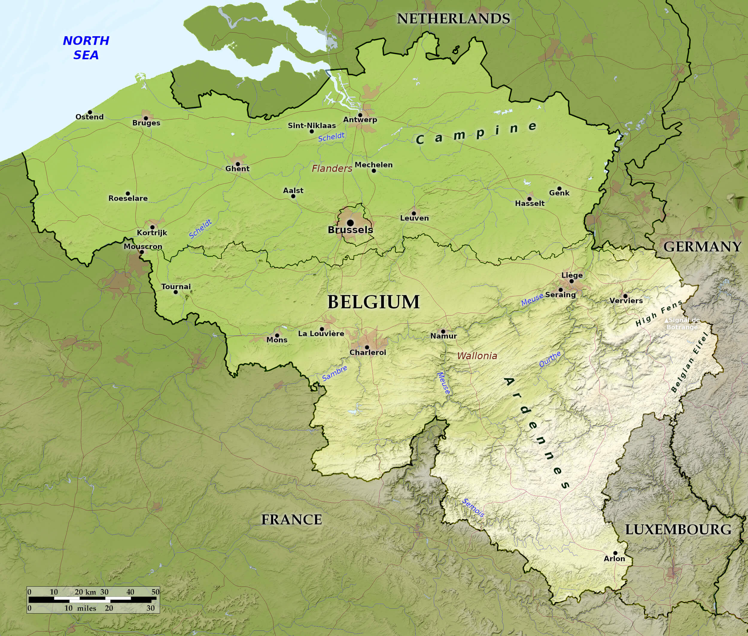 Relief map of Belgium metro cities	